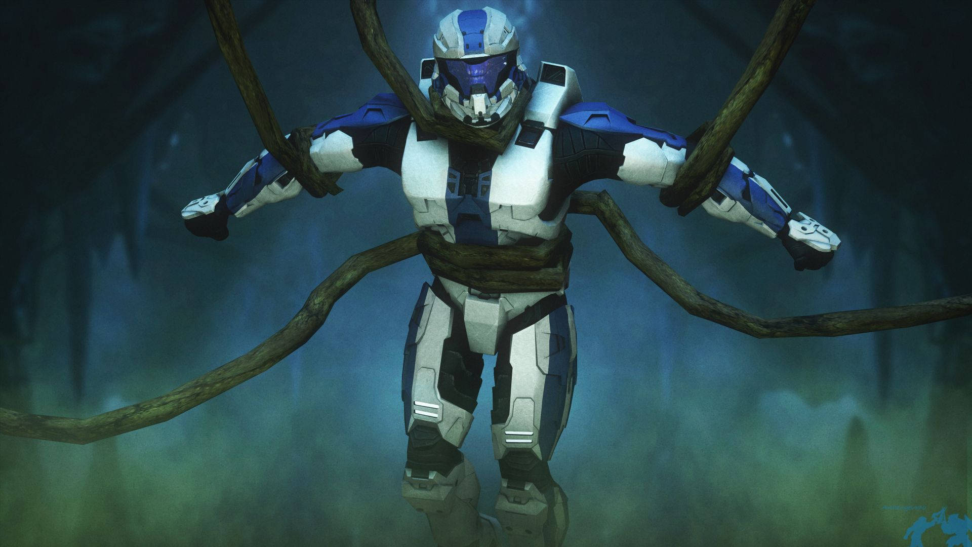 Master Chief, blue and white armored soldier, thick vines, Full HD Desktop Wallpaper