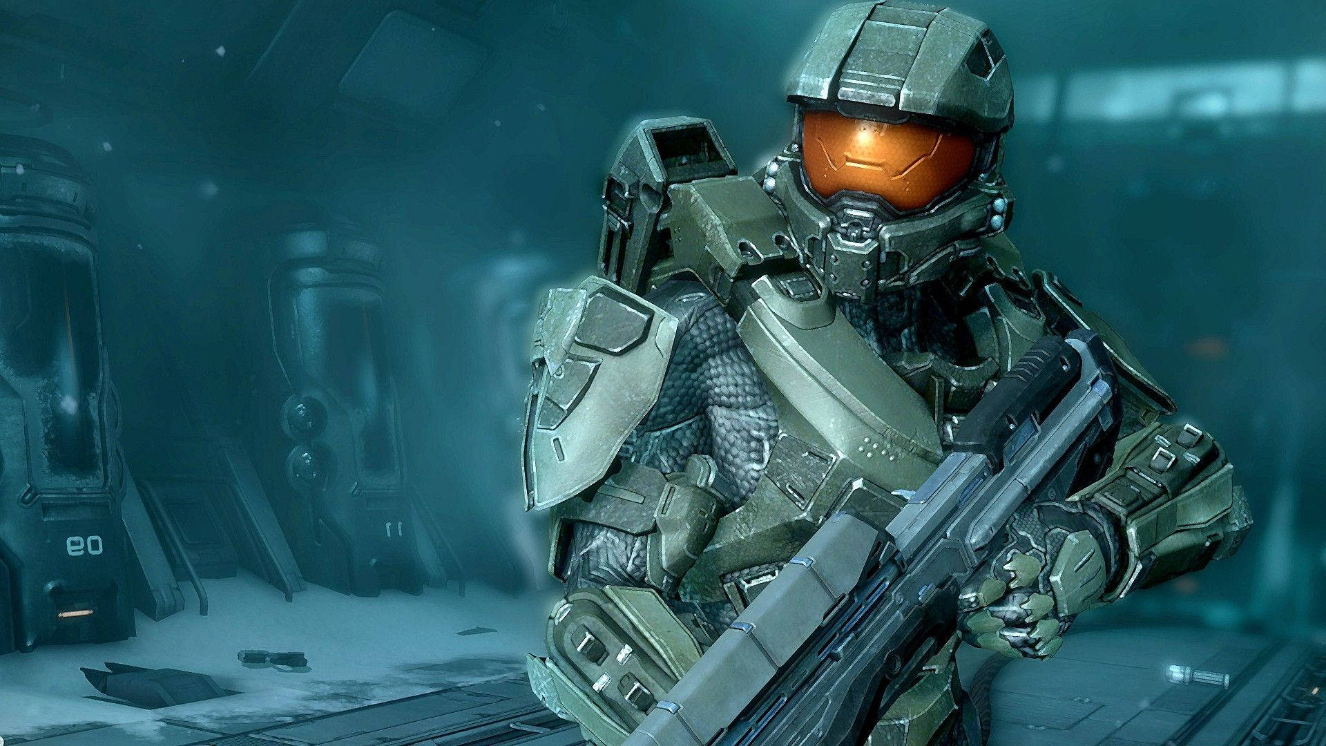 Master Chief, green armor, glowing orange visor, Full HD Desktop Wallpaper