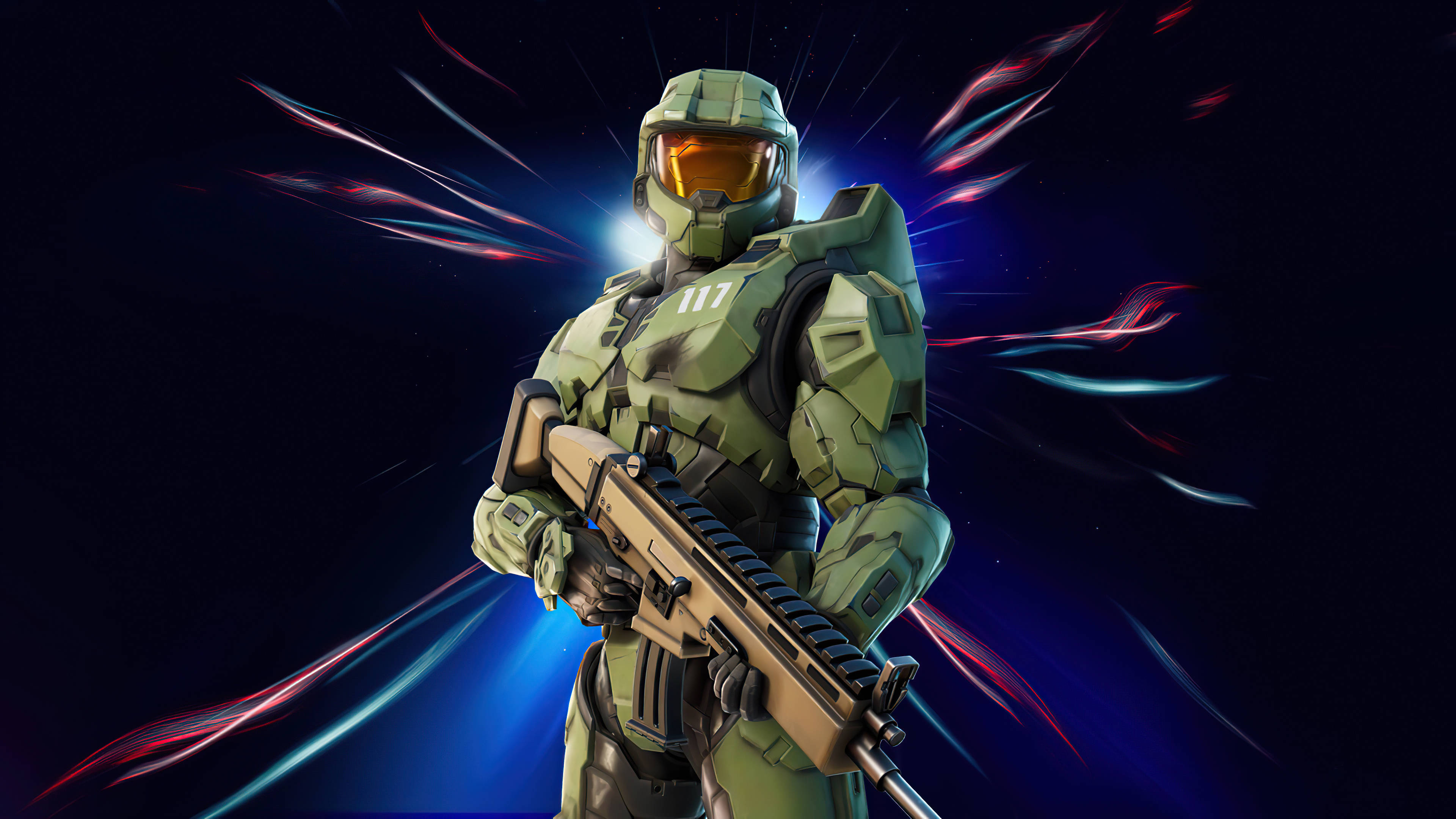 Master Chief, rifle, glowing blue and red energy trails, 4K Desktop Wallpaper
