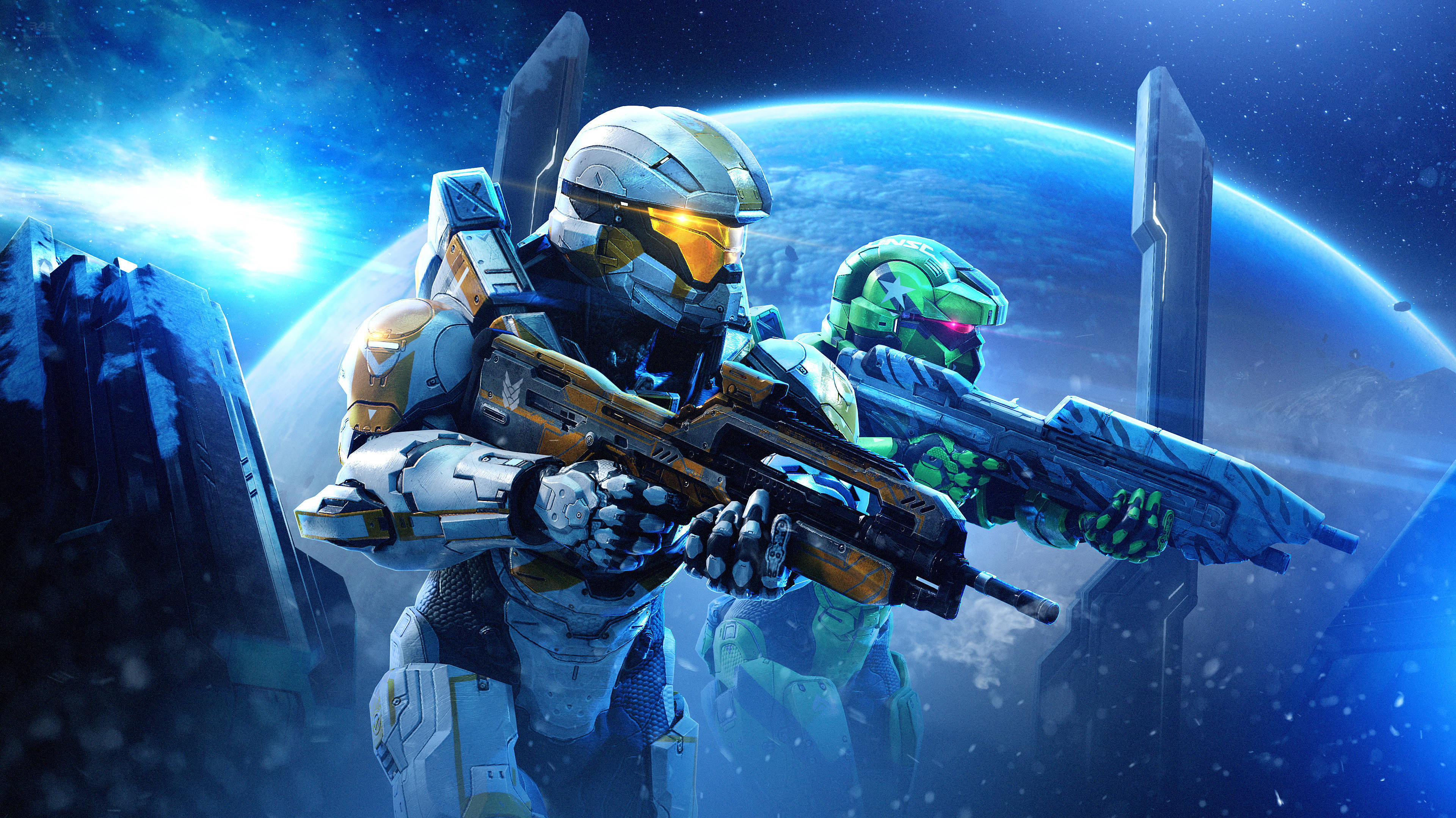 Master Chief, futuristic gear, glowing blue planet, 4K Desktop Wallpaper