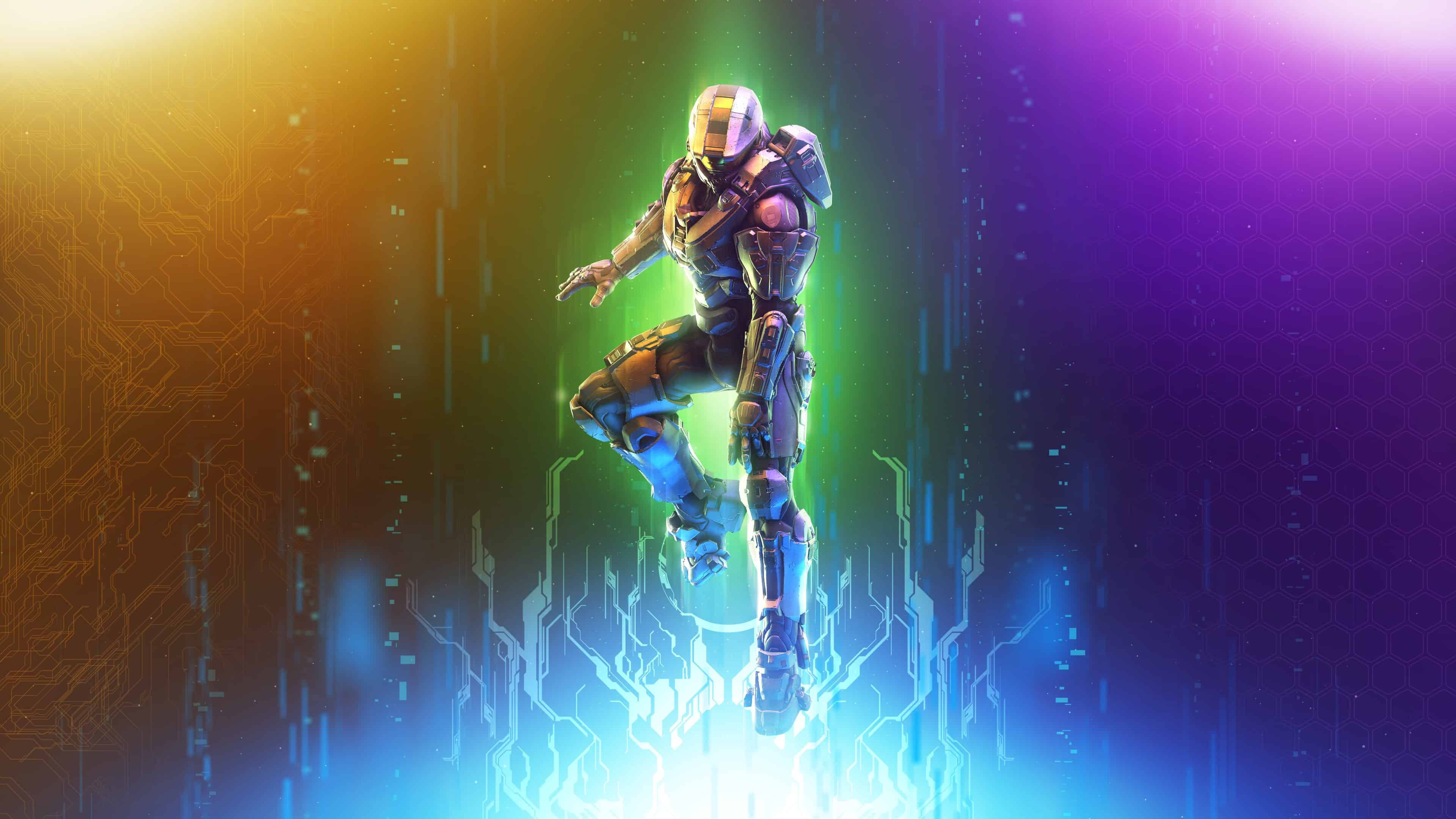 Master Chief, futuristic armored warrior, vibrant digital tunnel, 4K Desktop Wallpaper