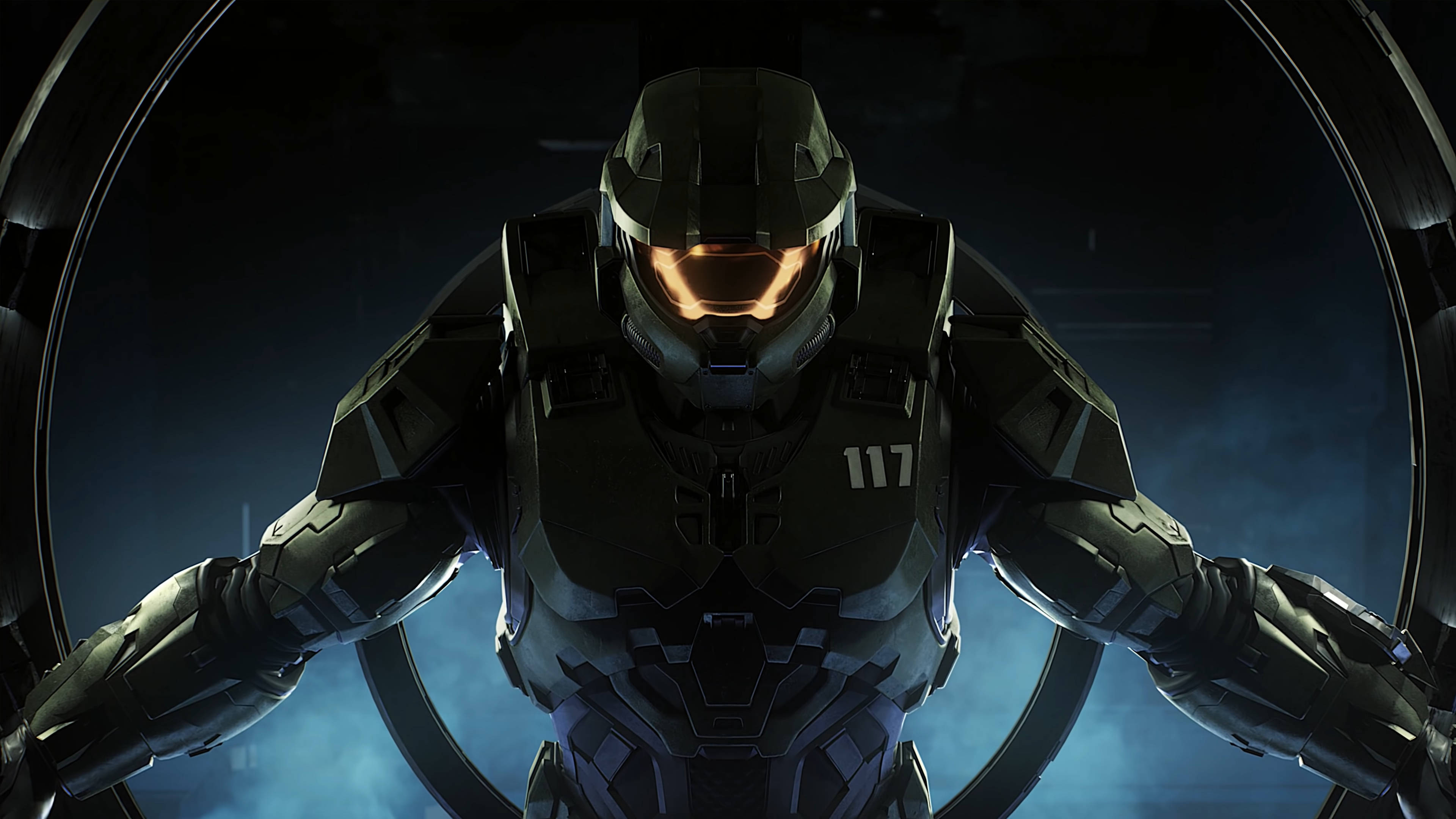 Master Chief, dark armor, glowing orange visor, 4K Desktop Wallpaper