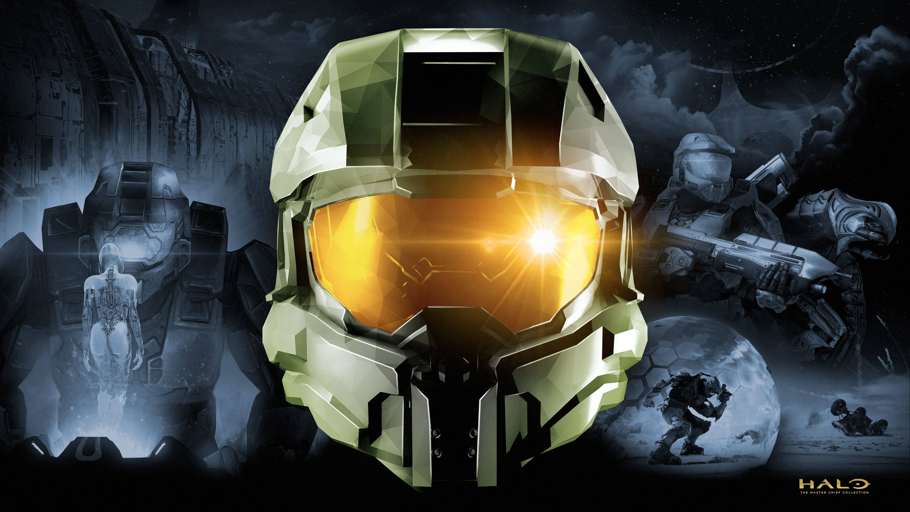 Master Chief, glowing orange visor, dark sci-fi scene, 4K Desktop Wallpaper