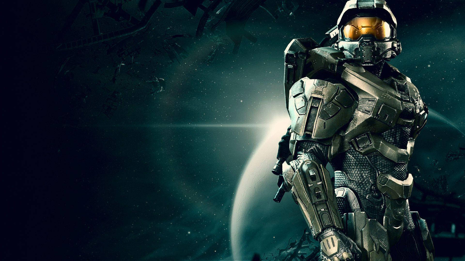 Master Chief, futuristic armor, cosmic backdrop, Full HD Desktop Wallpaper