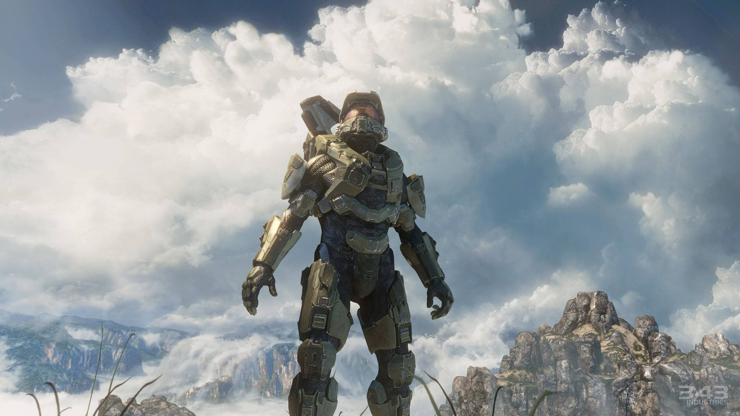 Master Chief, cloudy sky, rocky peak, 2K Desktop Wallpaper