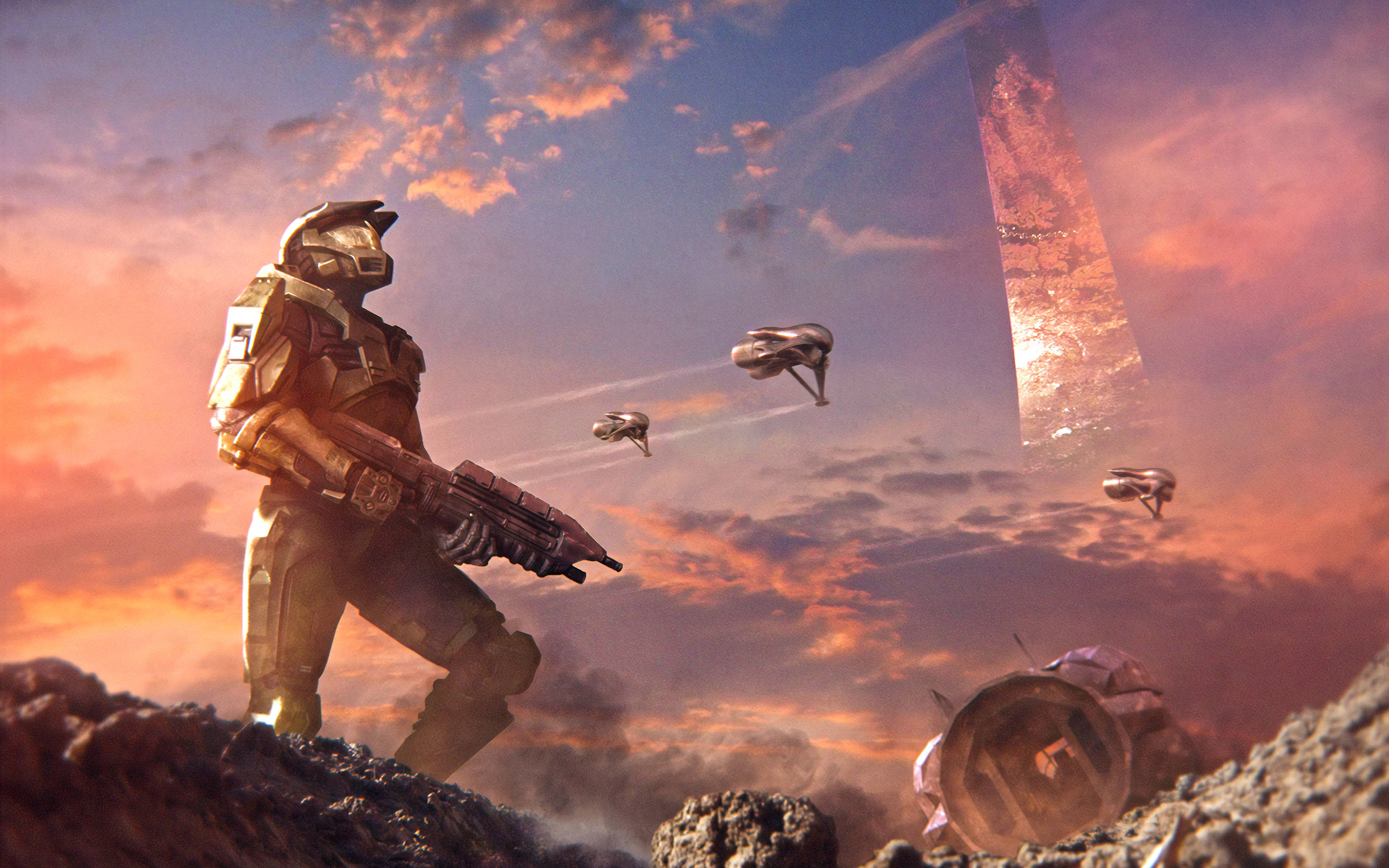 Master Chief, rocky alien planet, sunset, 4K Desktop Wallpaper