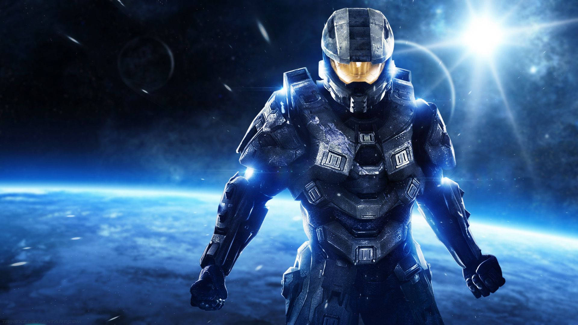 Master Chief, futuristic armor, glowing blue planet, Full HD Desktop Wallpaper