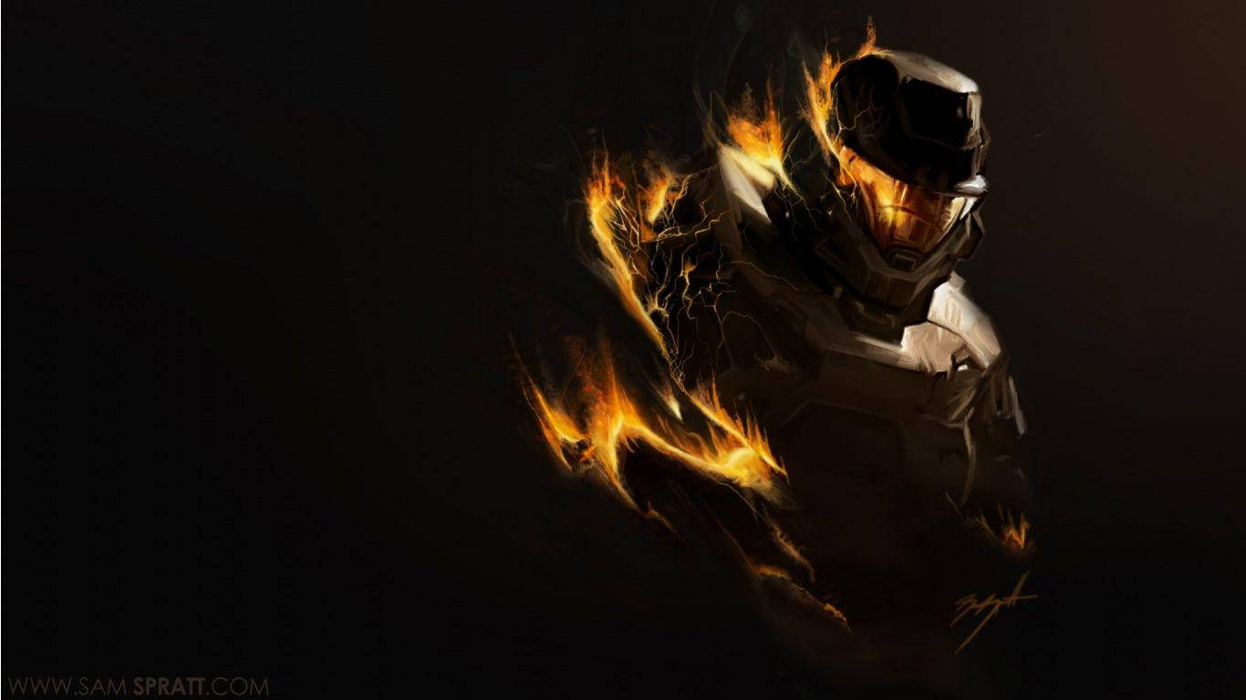 Master Chief, right flame ember, vibrant orange flames, HD Desktop Wallpaper