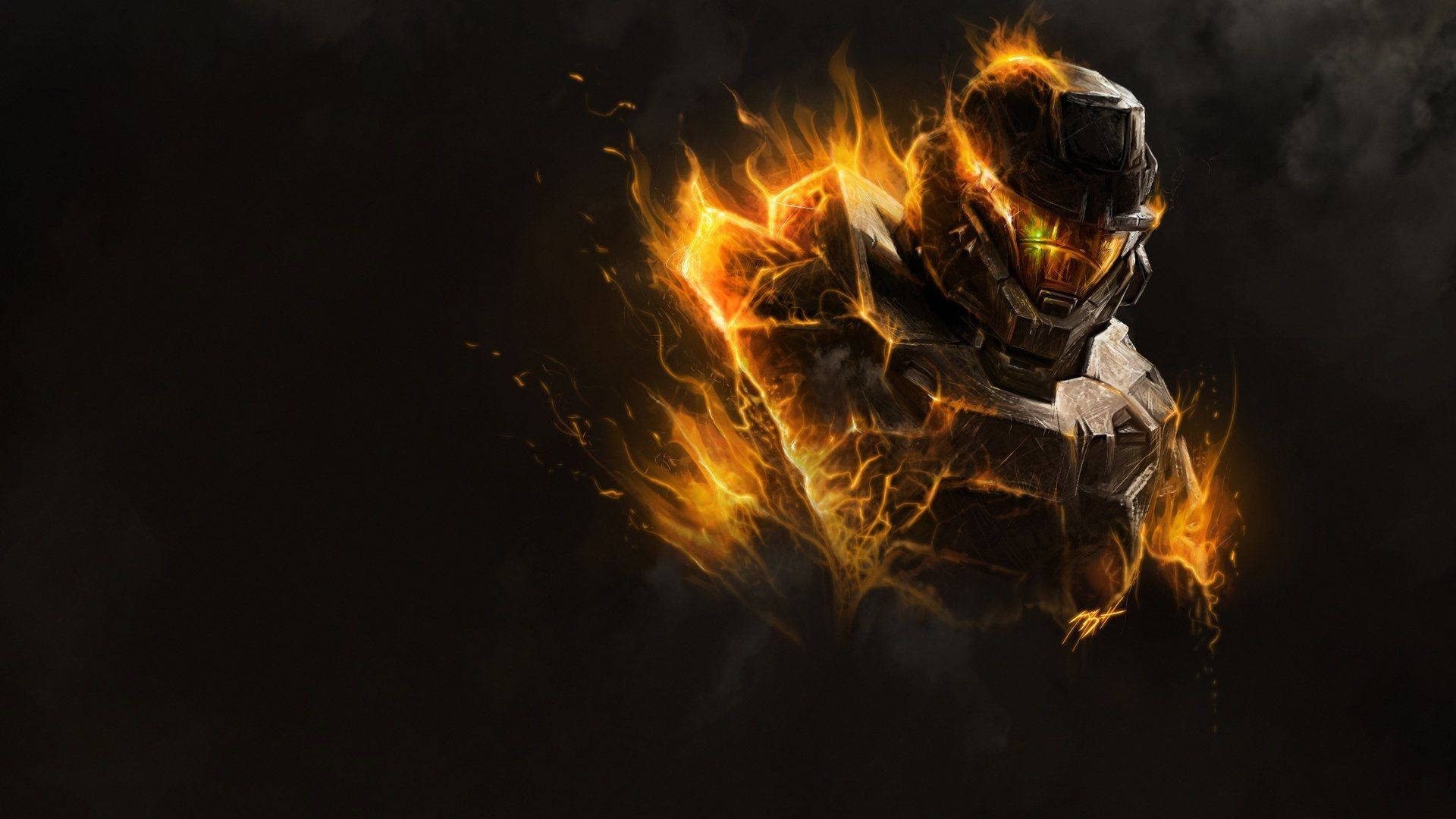 Master Chief, fiery flames, armored helmet, Full HD Desktop Wallpaper