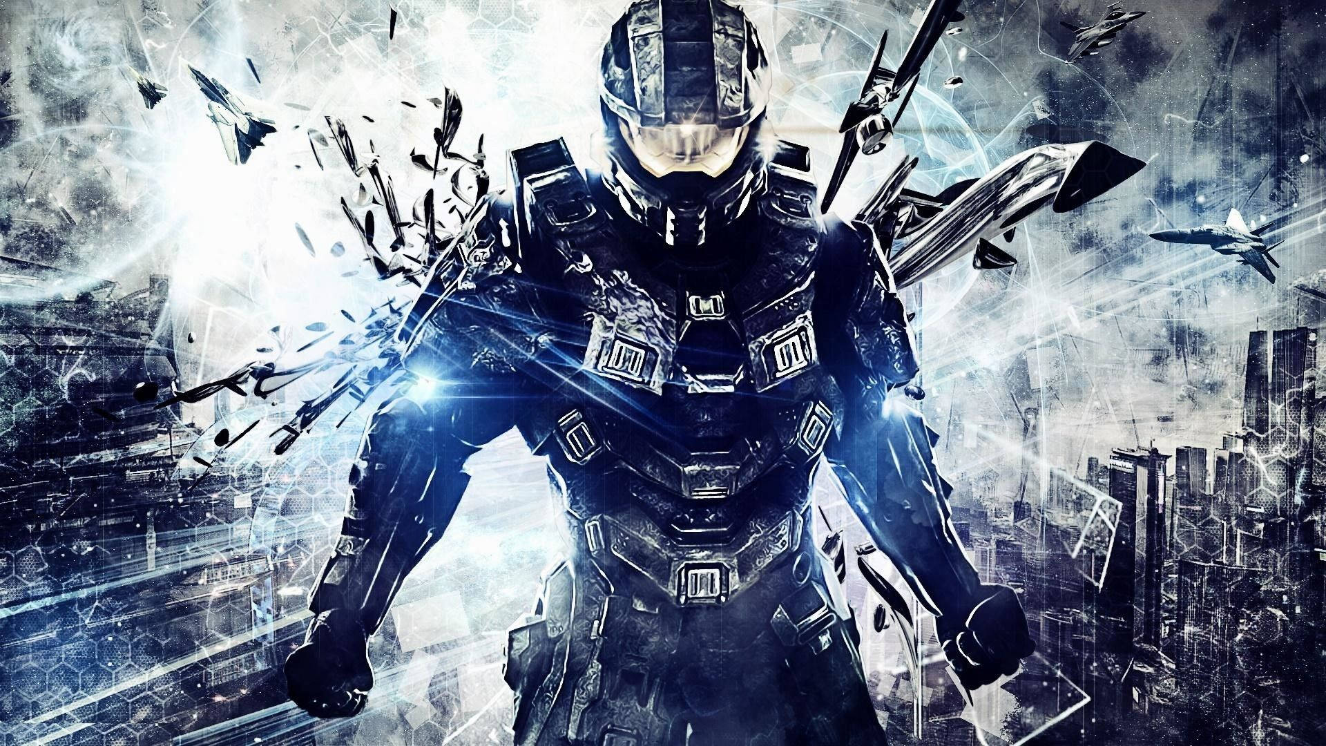 Master Chief, heavy armor, shattered debris, Full HD Desktop Wallpaper