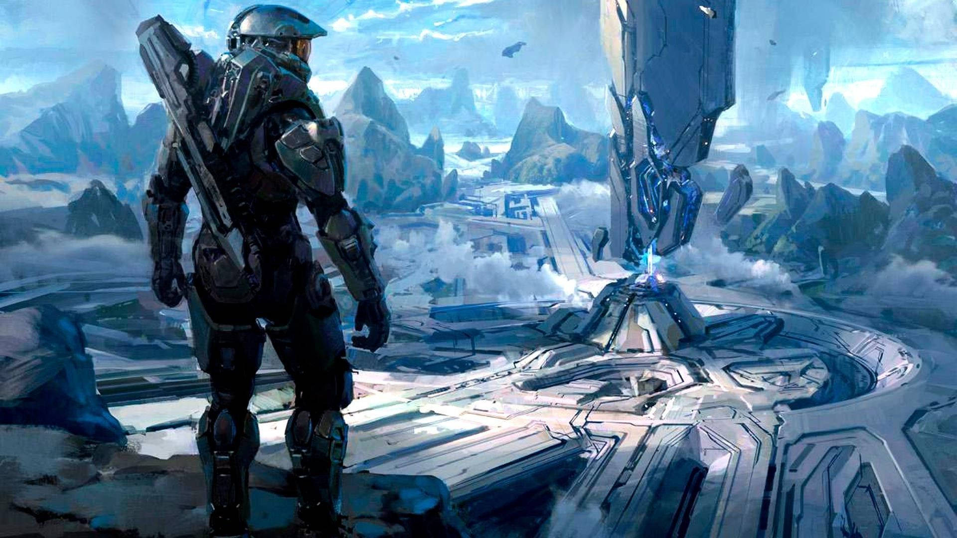 Master Chief, futuristic armor, cliff, Full HD Desktop Wallpaper