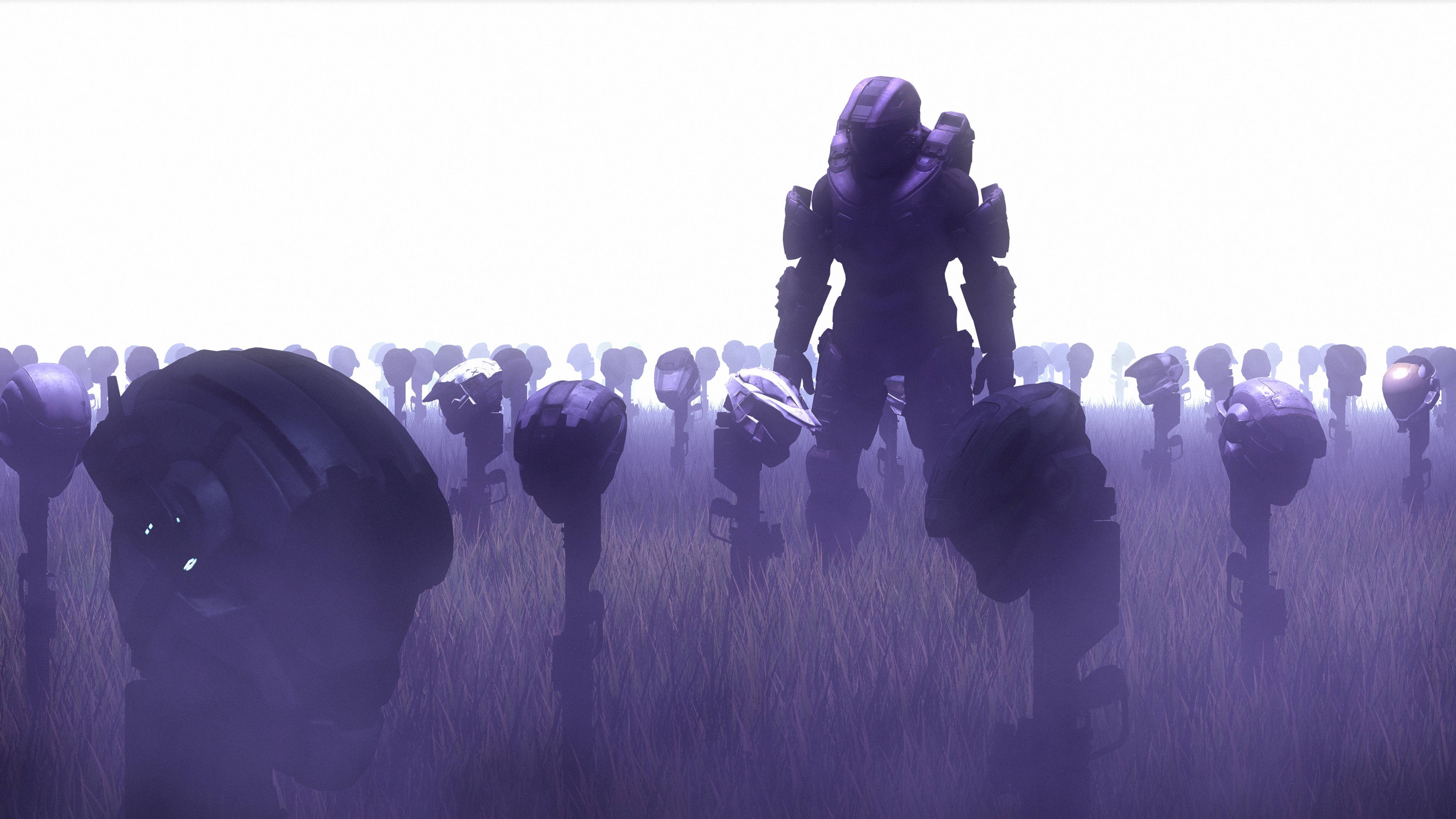 Master Chief, armored soldier, field of helmeted figures, 4K Desktop Wallpaper