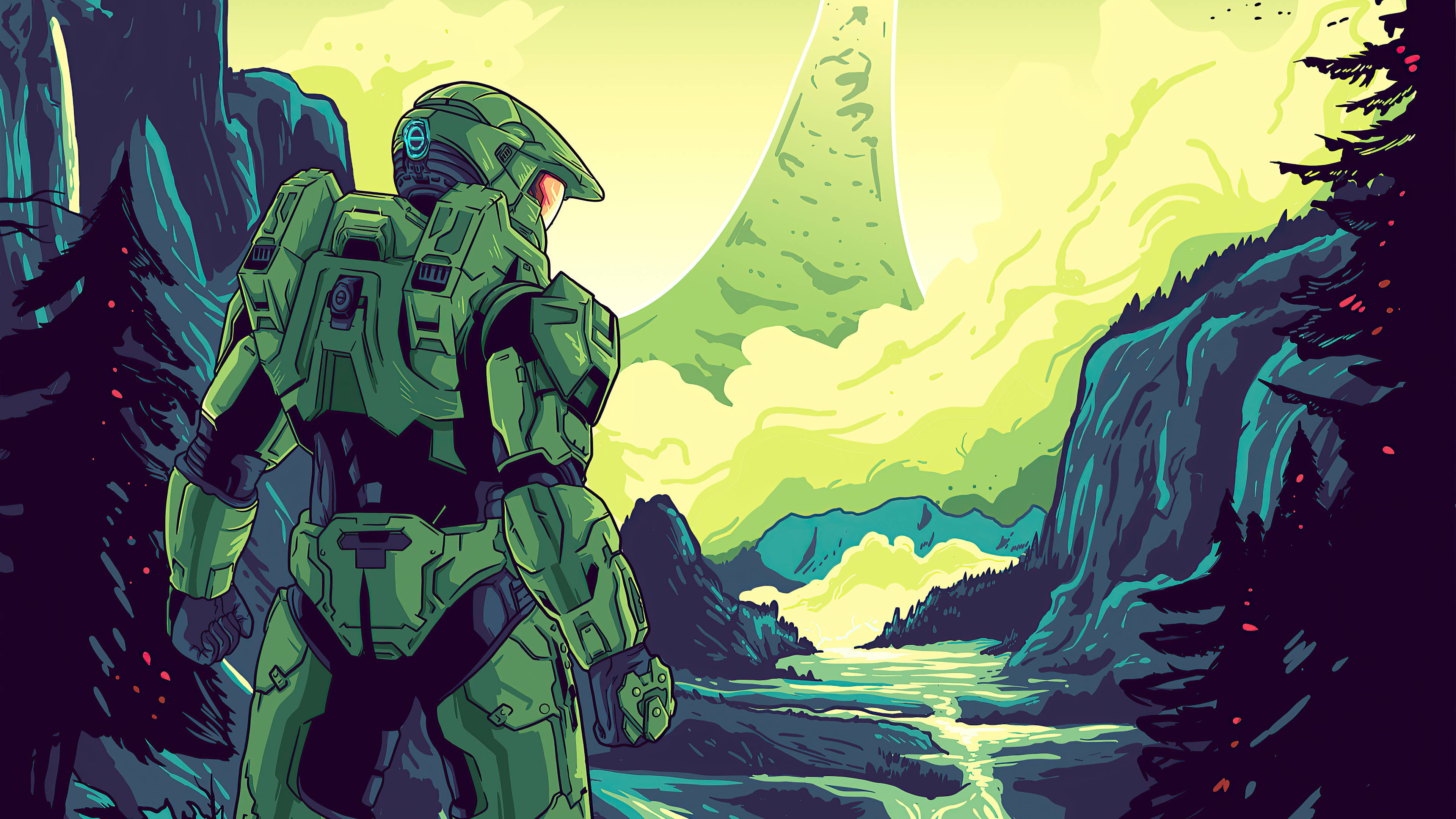 Master Chief, green-armored soldier, forested valley, 4K Desktop Wallpaper