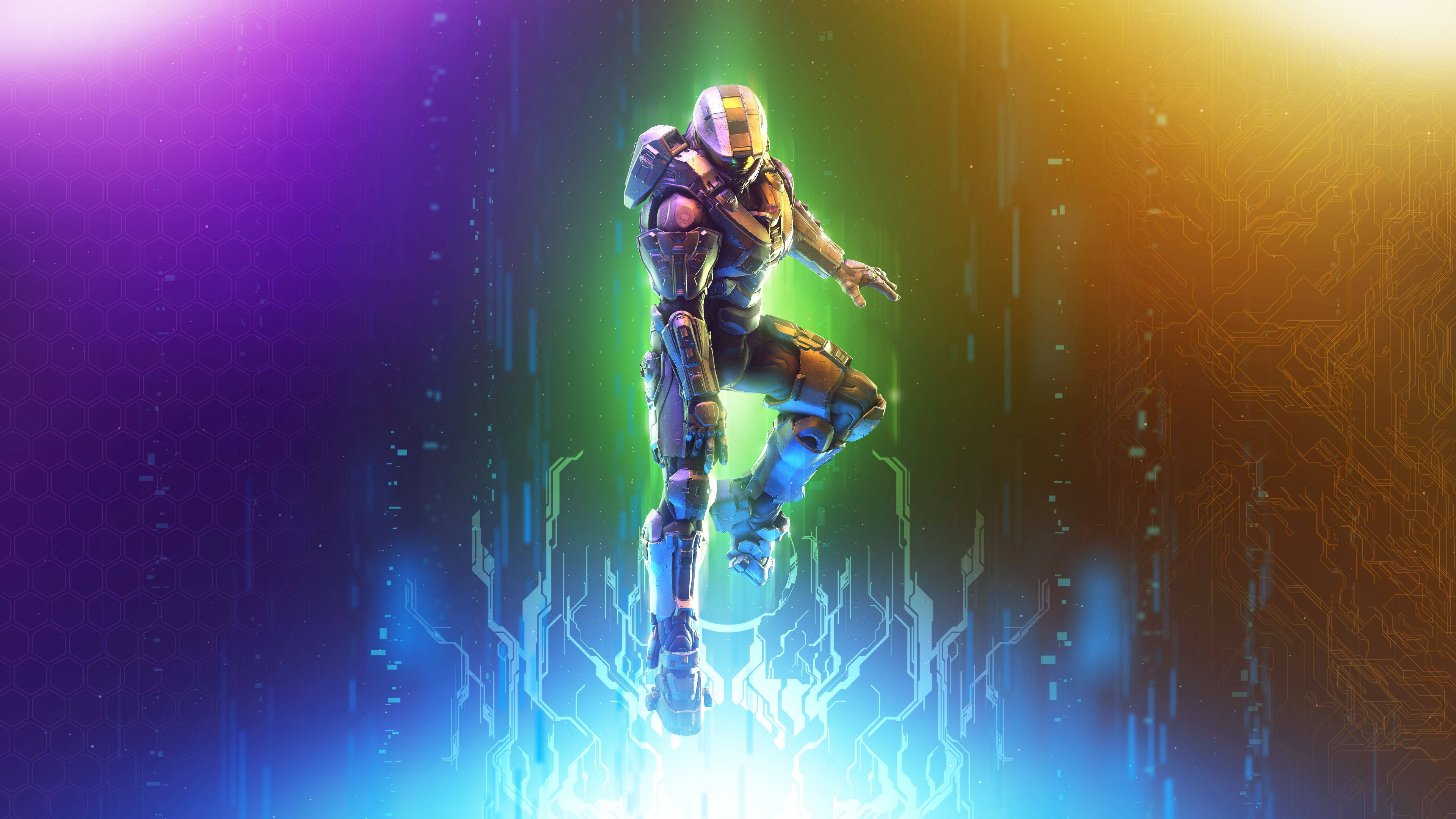 Master Chief, rainbow, glowing digital circuit, 4K Desktop Wallpaper