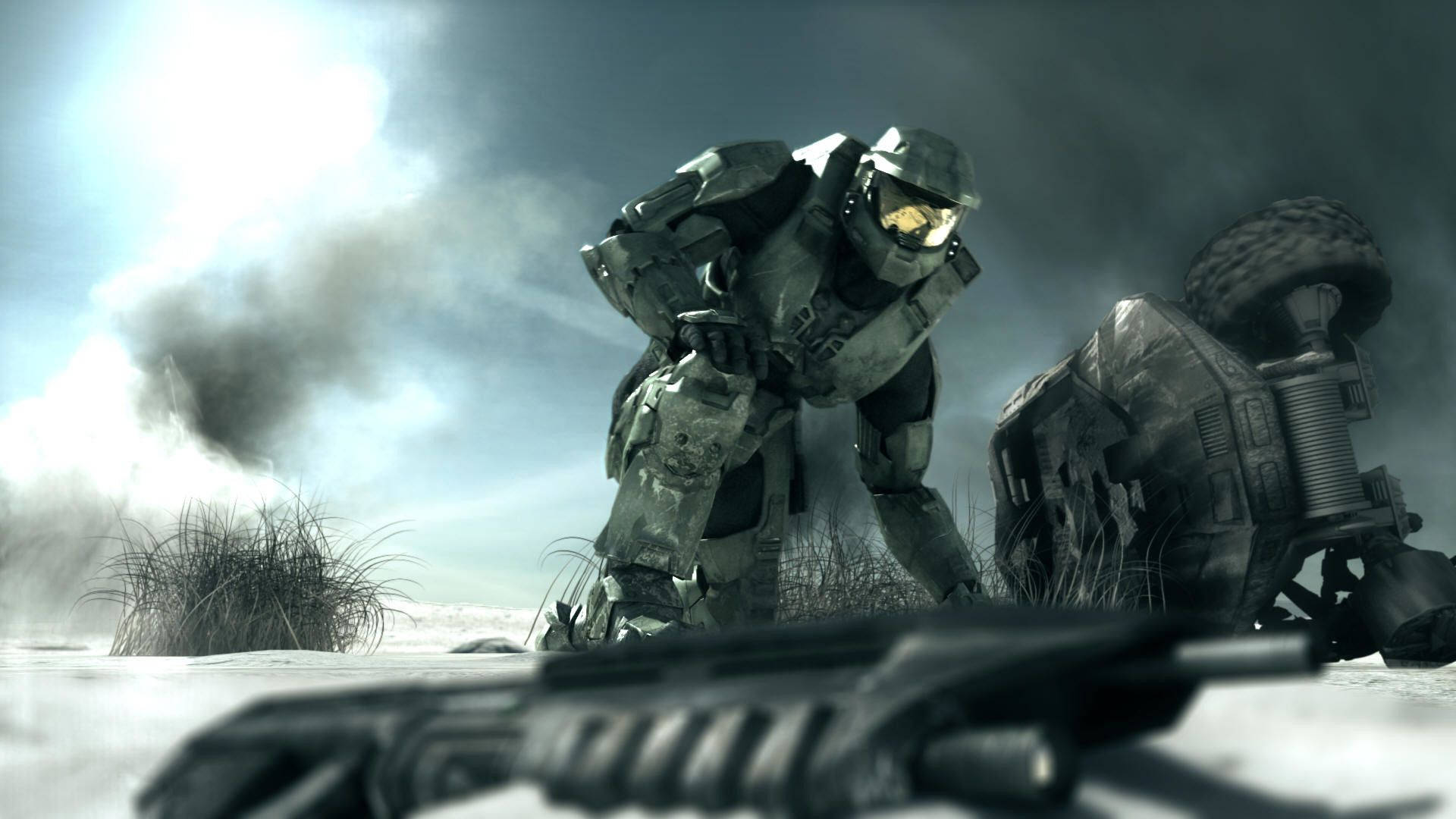 Master Chief, heavy armor, wrecked vehicle, Full HD Desktop Wallpaper