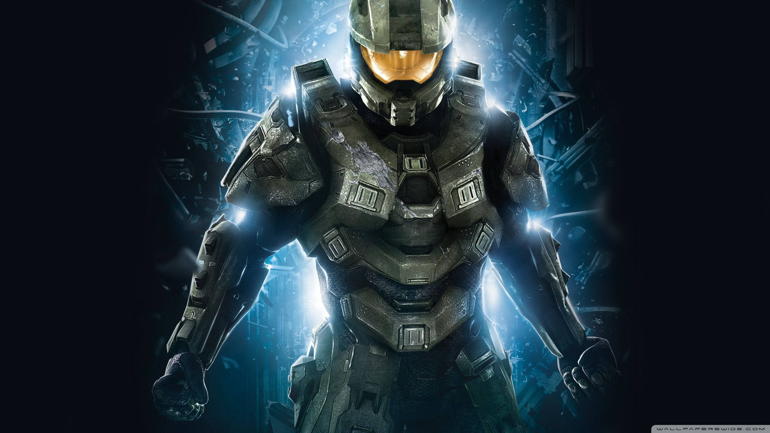 Master Chief, glowing orange visor, armored suit, 2K Desktop Wallpaper