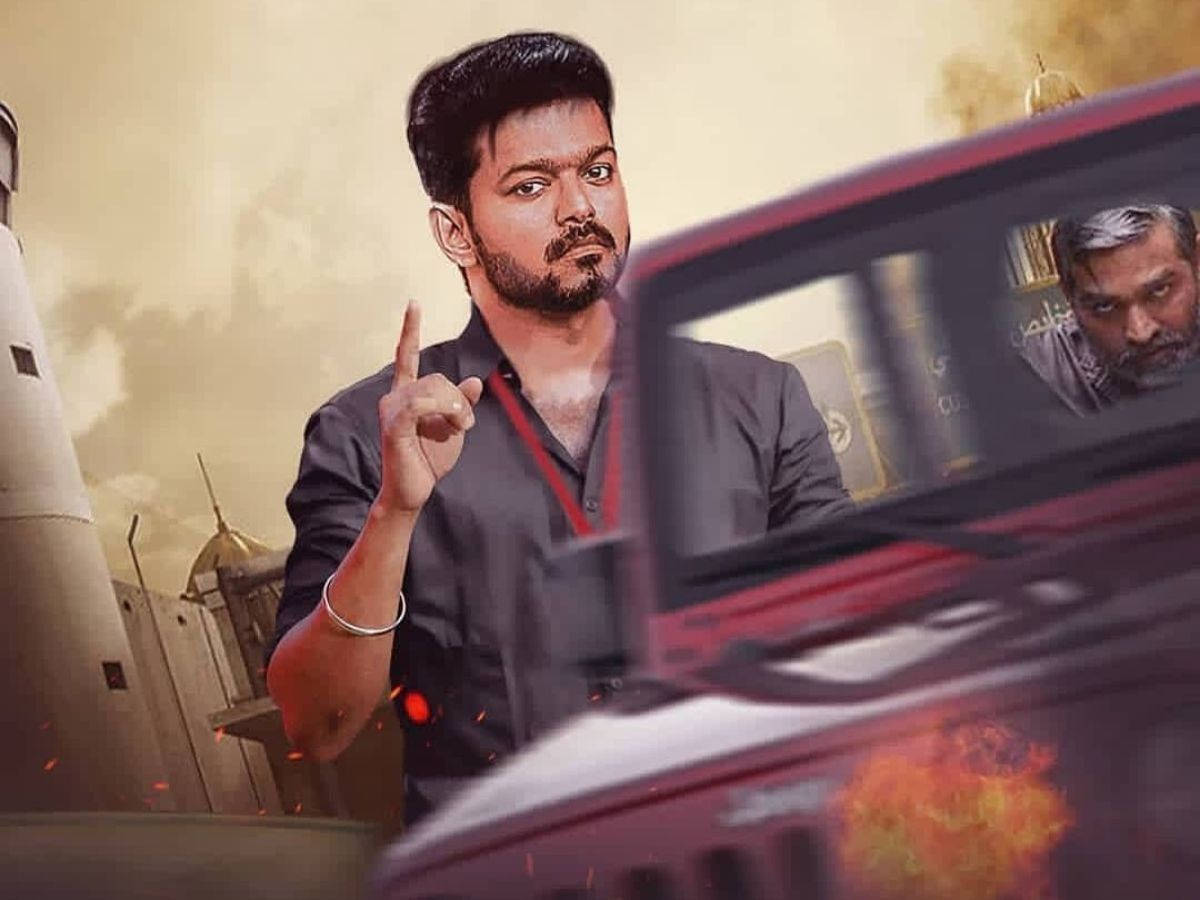 Master Vijay, burning red vehicle, dusty urban backdrop, SD Desktop Wallpaper