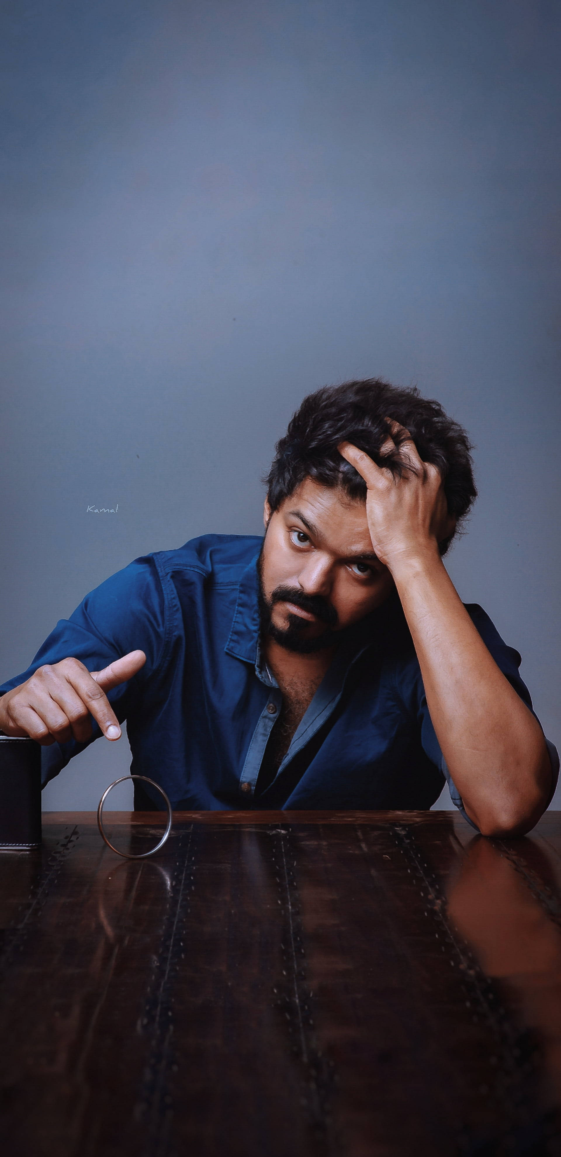 Master Vijay HD, blue shirt, wooden table, 4K Phone Wallpaper