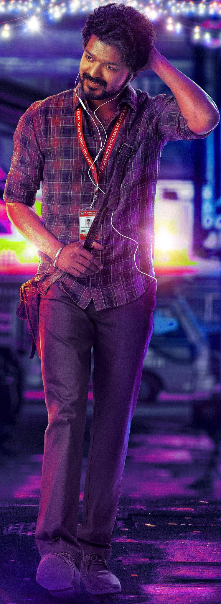 Master Vijay HD, plaid shirt, neon-lit street, Full HD Phone Wallpaper