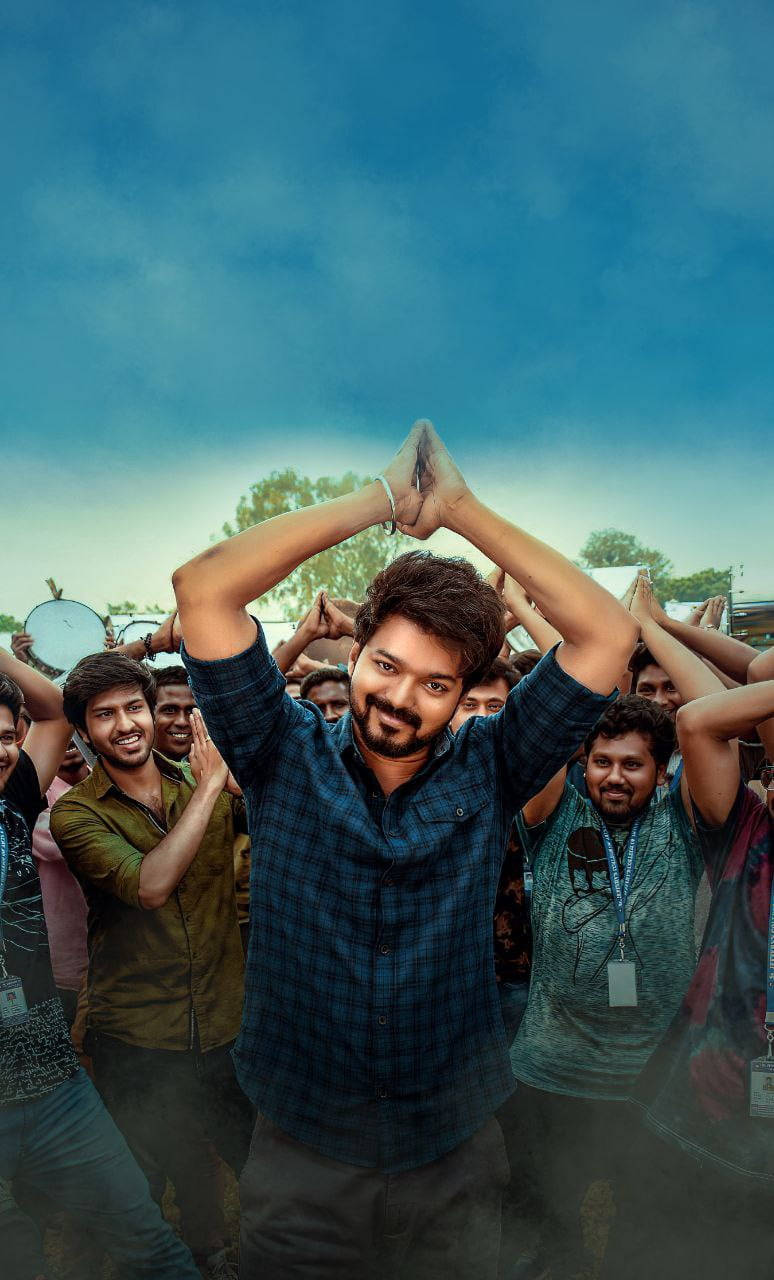 Master Vijay, blue plaid shirt, bright blue sky, HD Phone Wallpaper