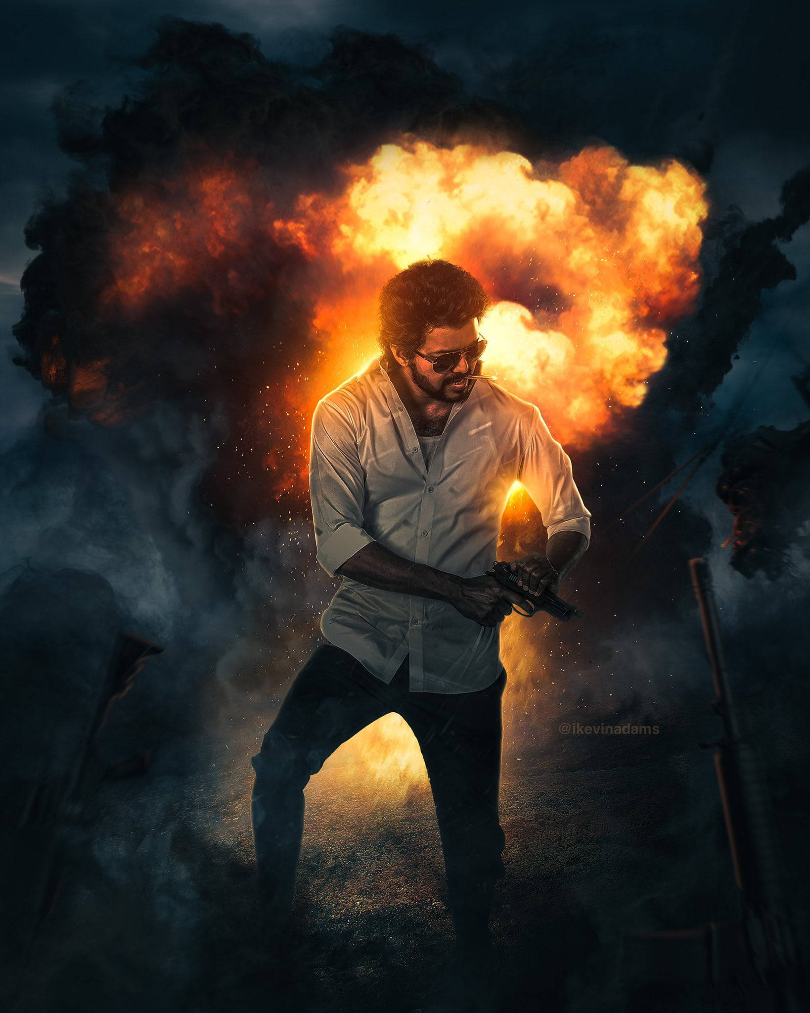 Master Vijay HD, smoking gun, massive fiery explosion, Full HD Phone Wallpaper