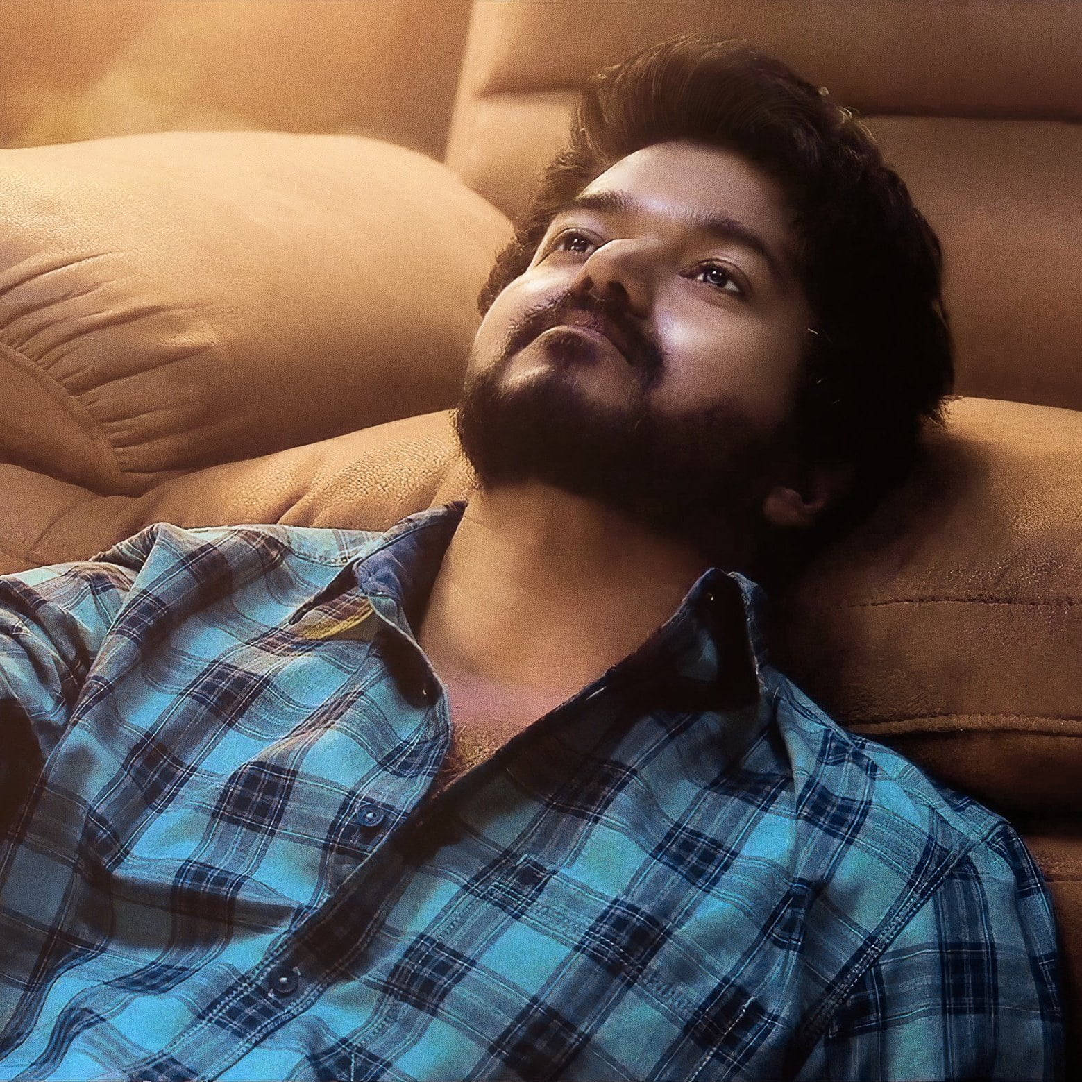 Master Vijay HD, blue checkered polo, tan couch, HD Desktop Wallpaper