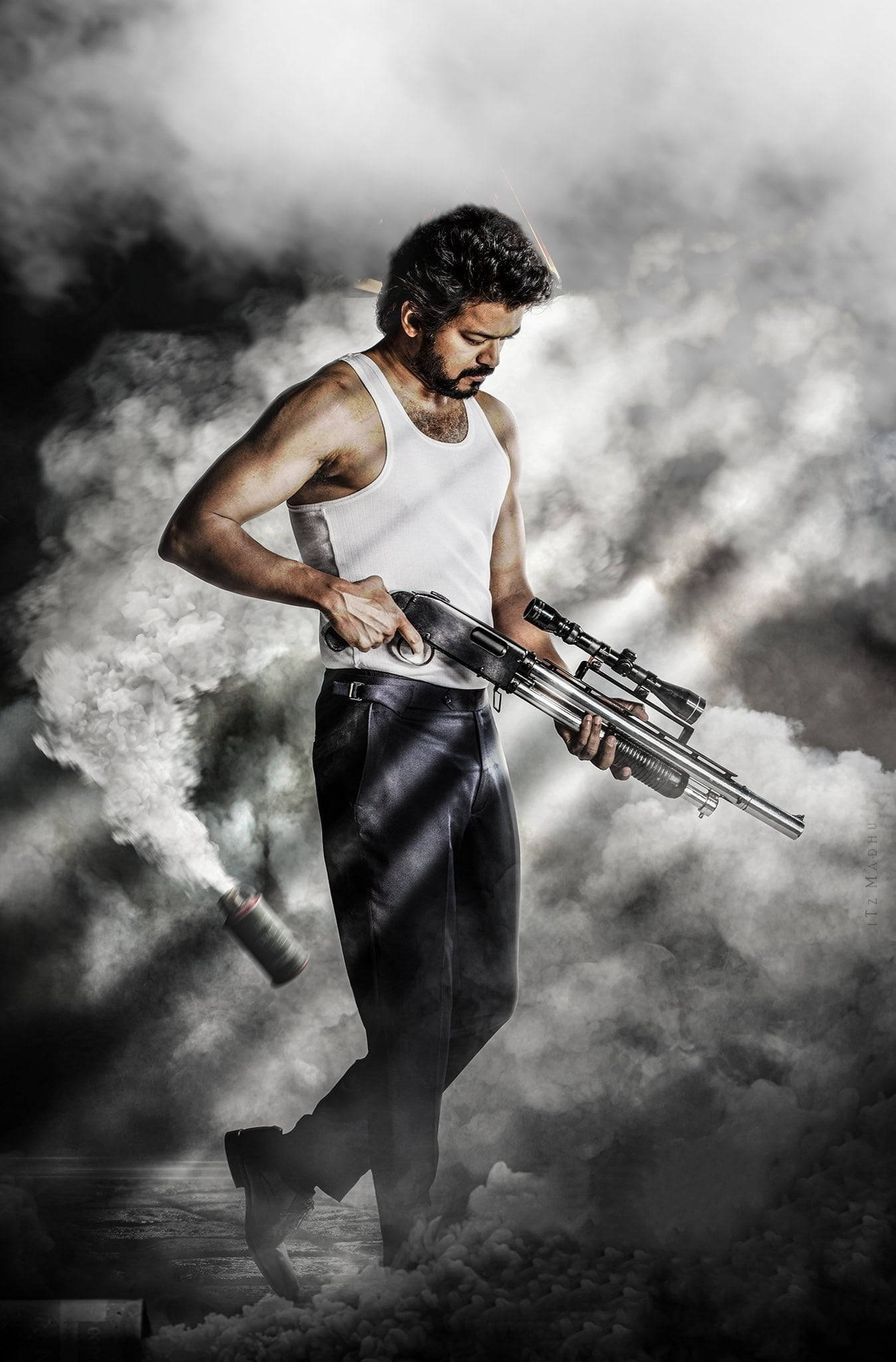 Master Vijay HD, scoped rifle, swirling smoke, Full HD Phone Wallpaper