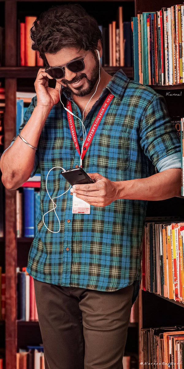 Master Vijay, blue plaid shirt, earphones, SD Phone Wallpaper