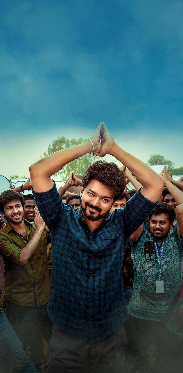 Master Vijay, blue plaid shirt, cheering crowd, HD Phone Wallpaper