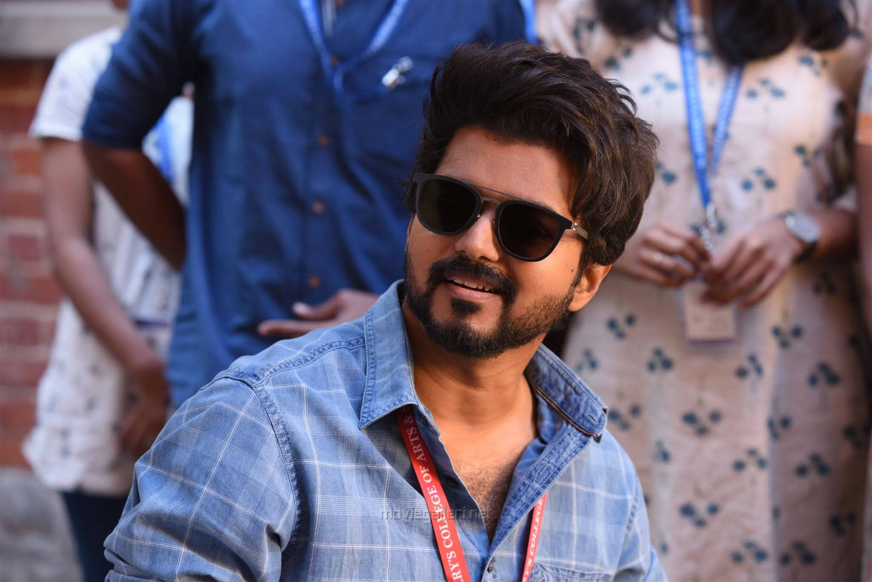 Master Vijay, blue checkered shirt, beard, 2K Desktop Wallpaper