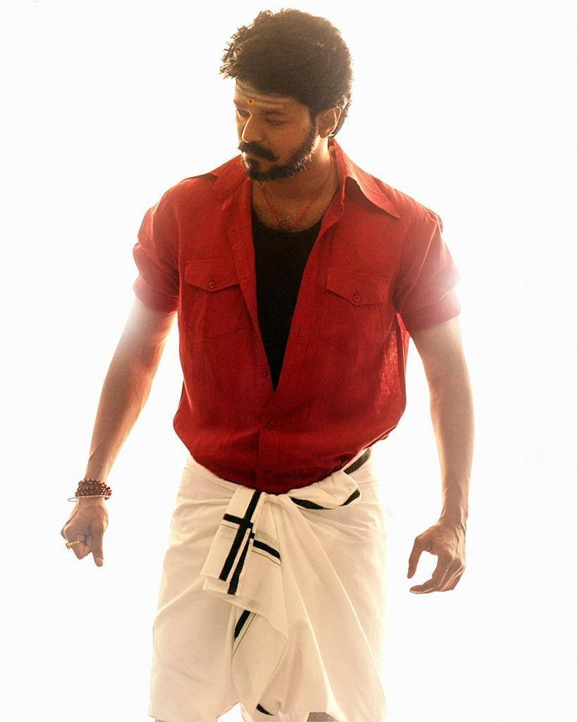 Master Vijay, red shirt, beard, SD Phone Wallpaper