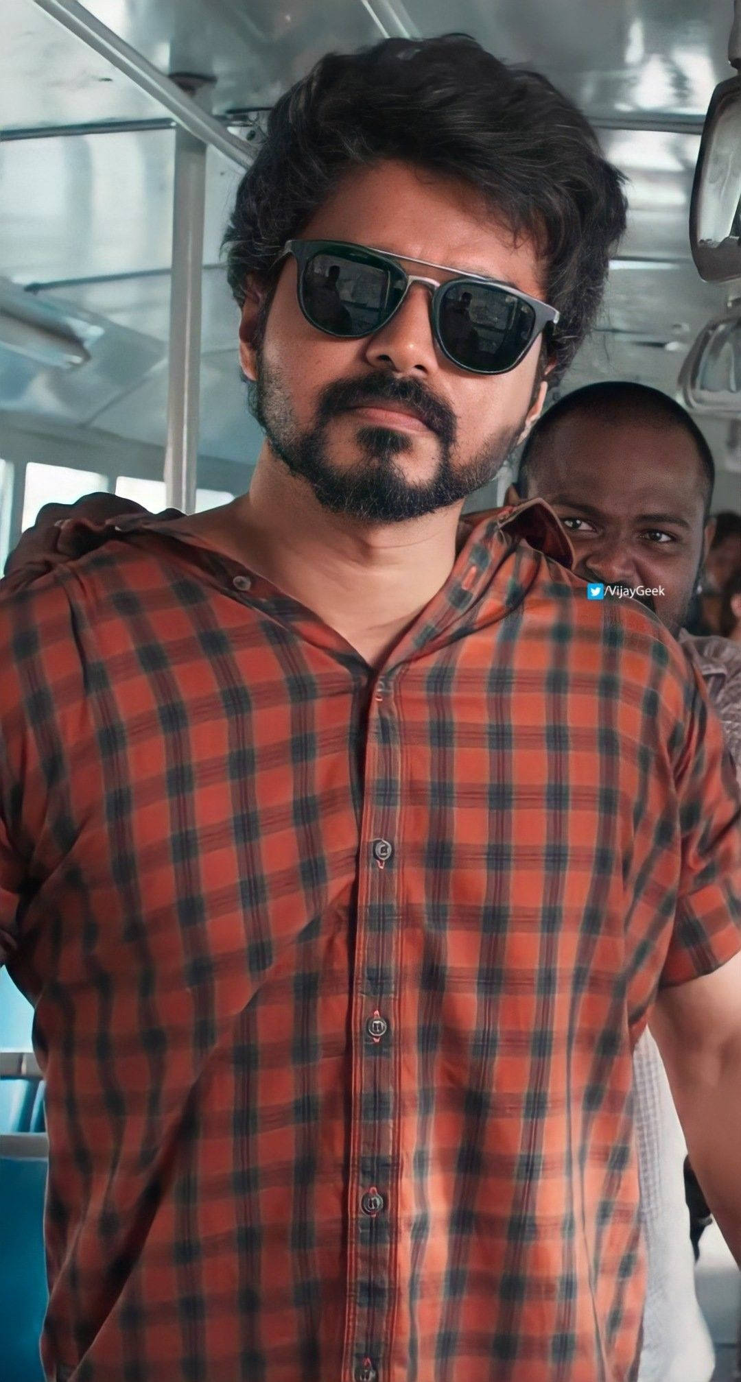 Master Vijay, red check shirt, beard, Full HD Phone Wallpaper