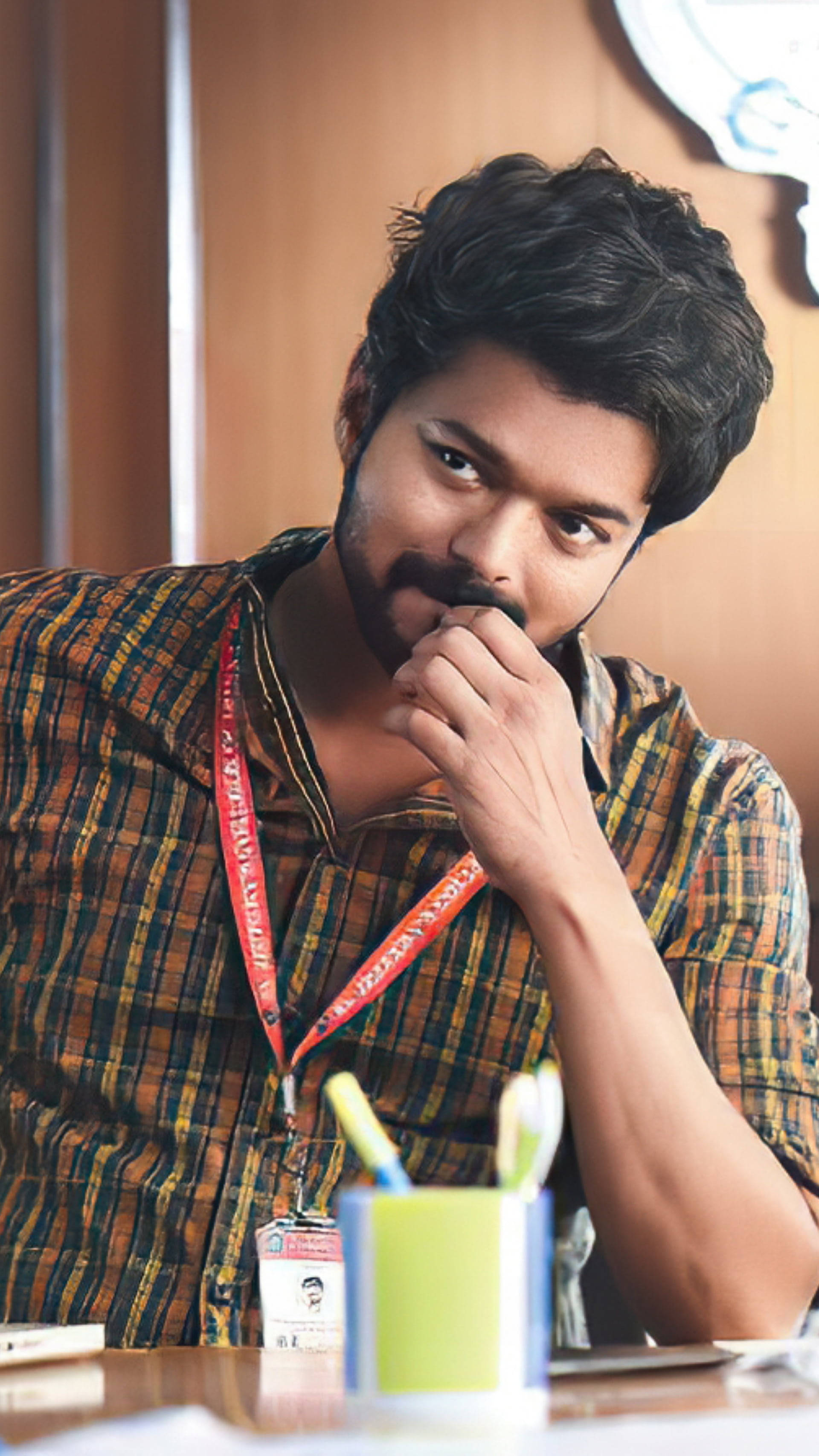 Master Vijay, plaid shirt, desk, 2K Phone Wallpaper
