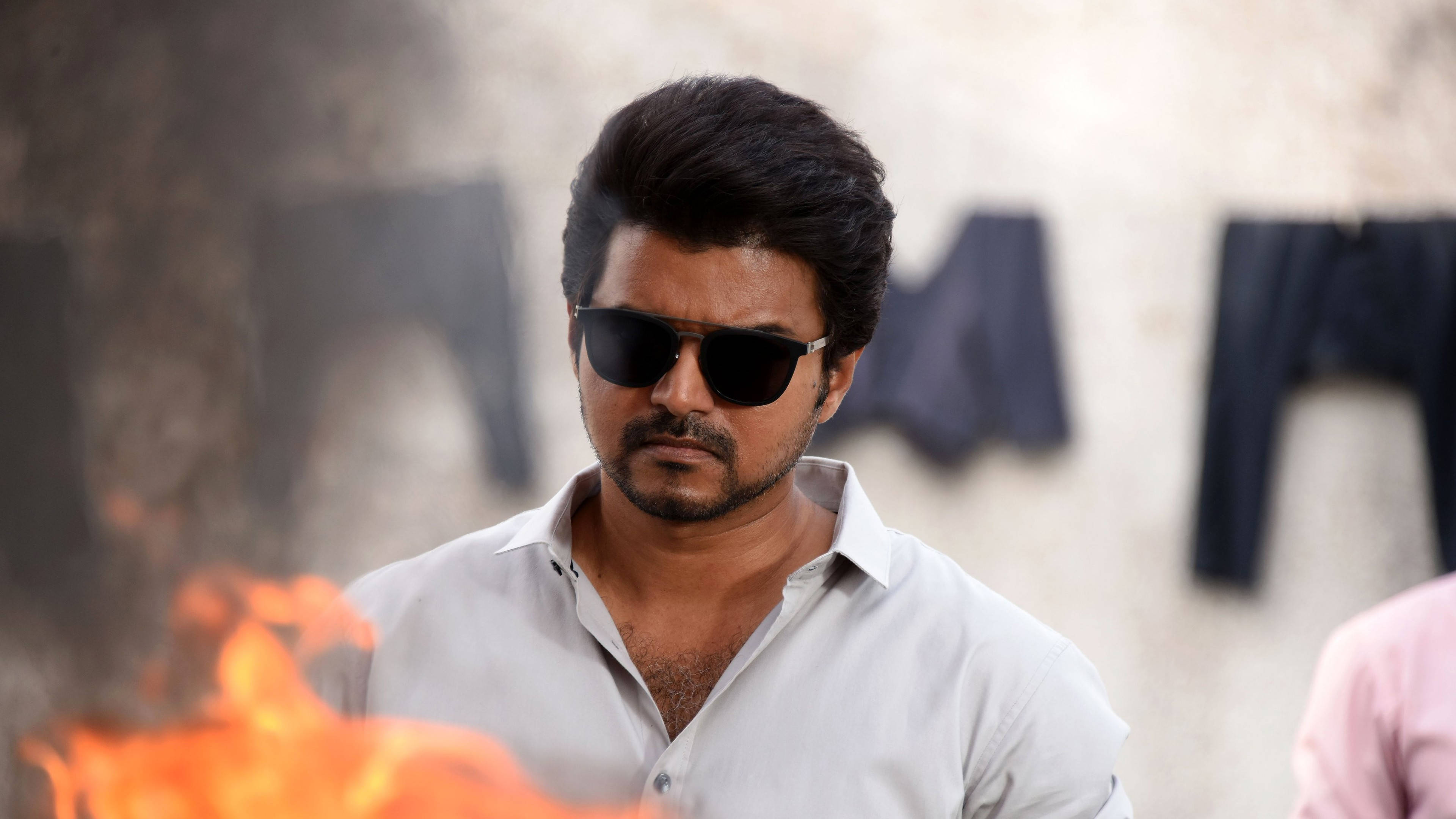 Master Vijay, sunglasses, bright orange flame, 4K Desktop Wallpaper