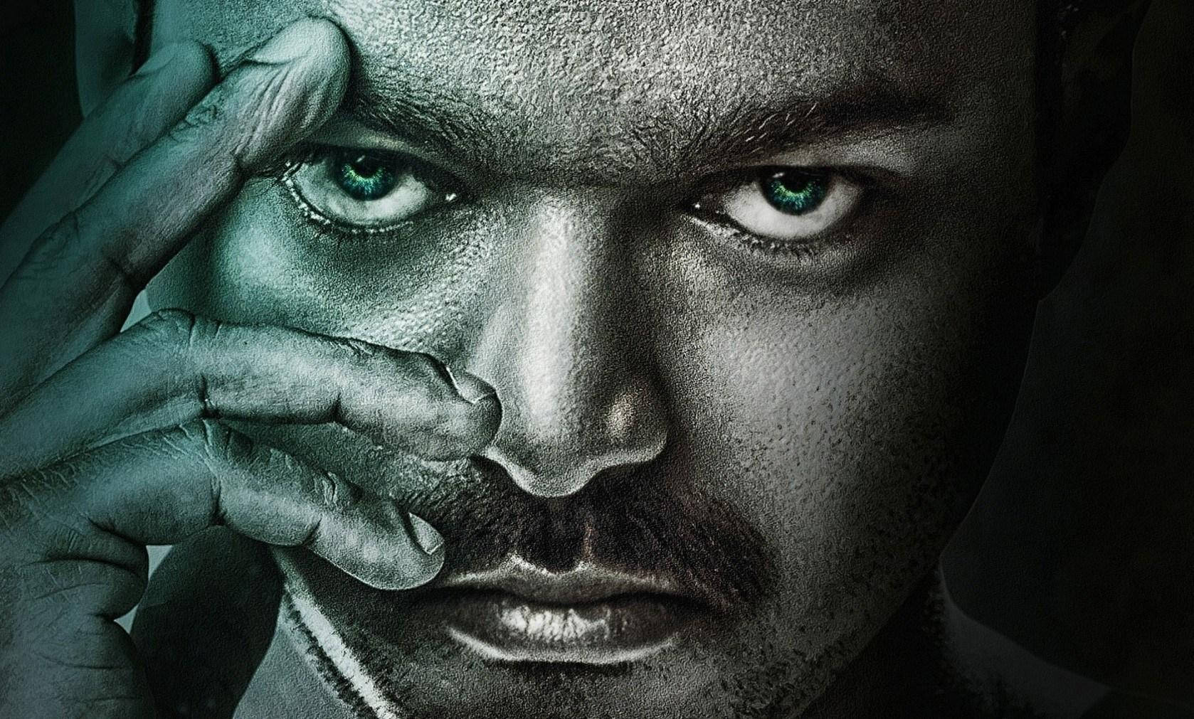 Master Vijay, intense green eyes, moody teal and black, HD Desktop Wallpaper