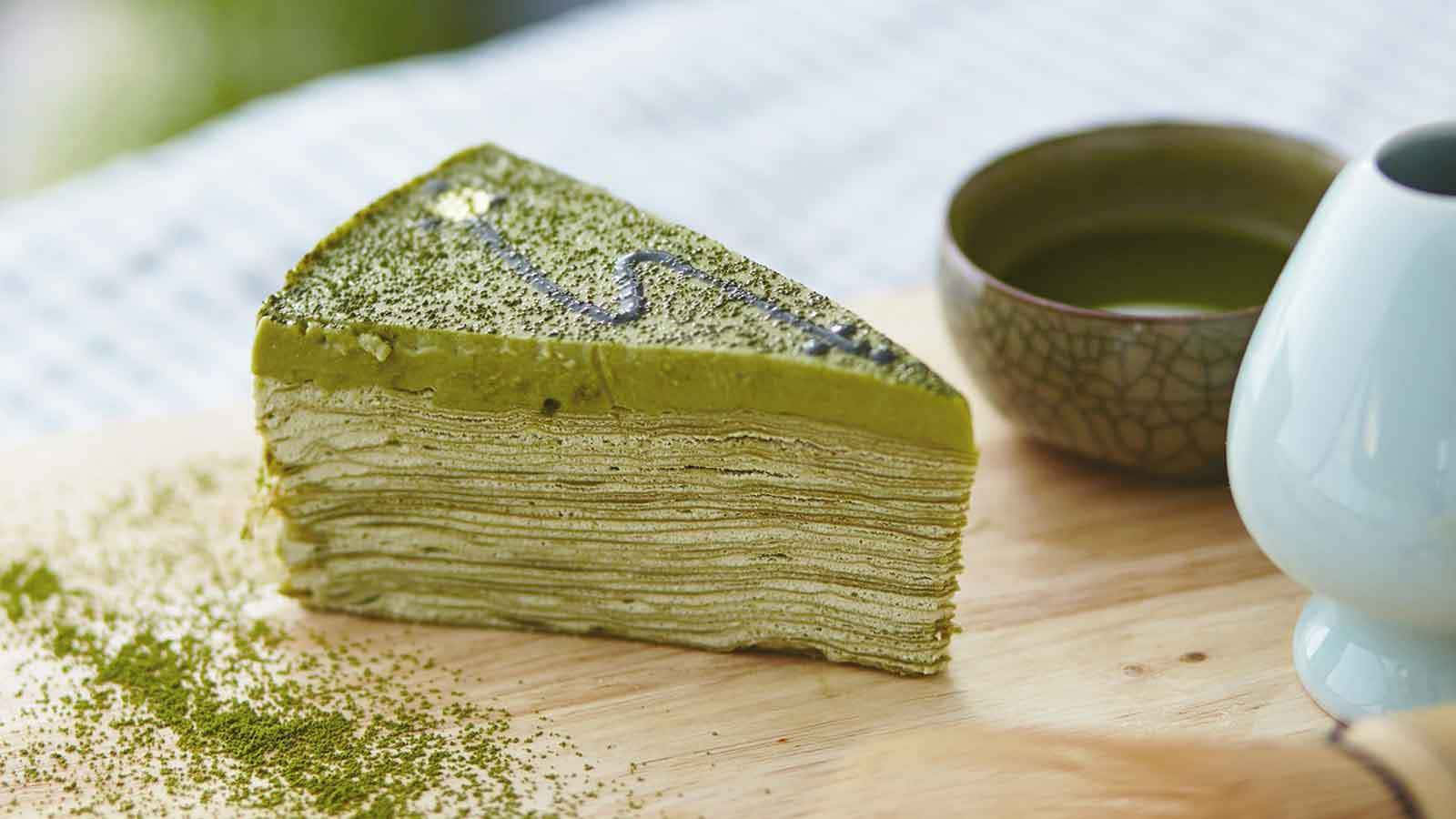 matcha, green matcha crepe cake, ceramic cup, HD Desktop Wallpaper