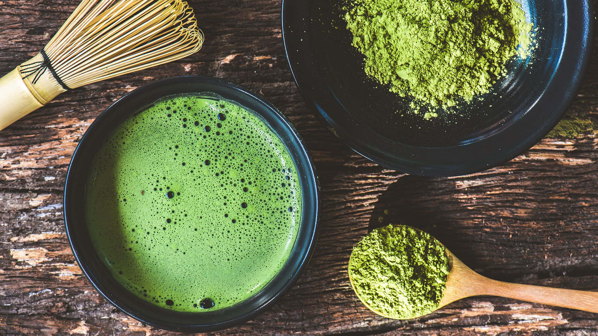 matcha, black bowl, wooden spoon, Full HD Desktop Wallpaper