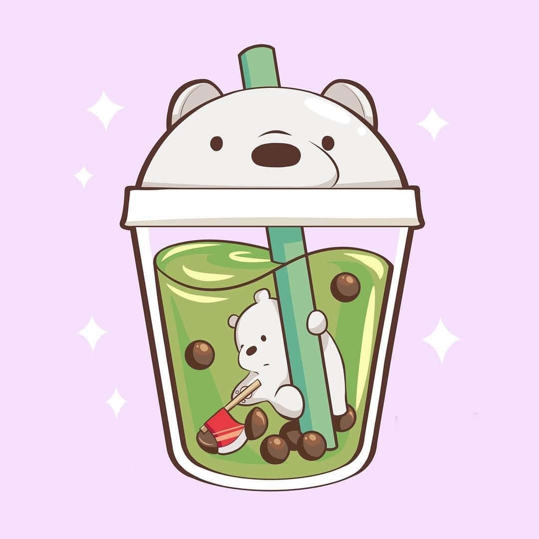 Matcha, white bear character, green bubble tea cup, SD Desktop Wallpaper