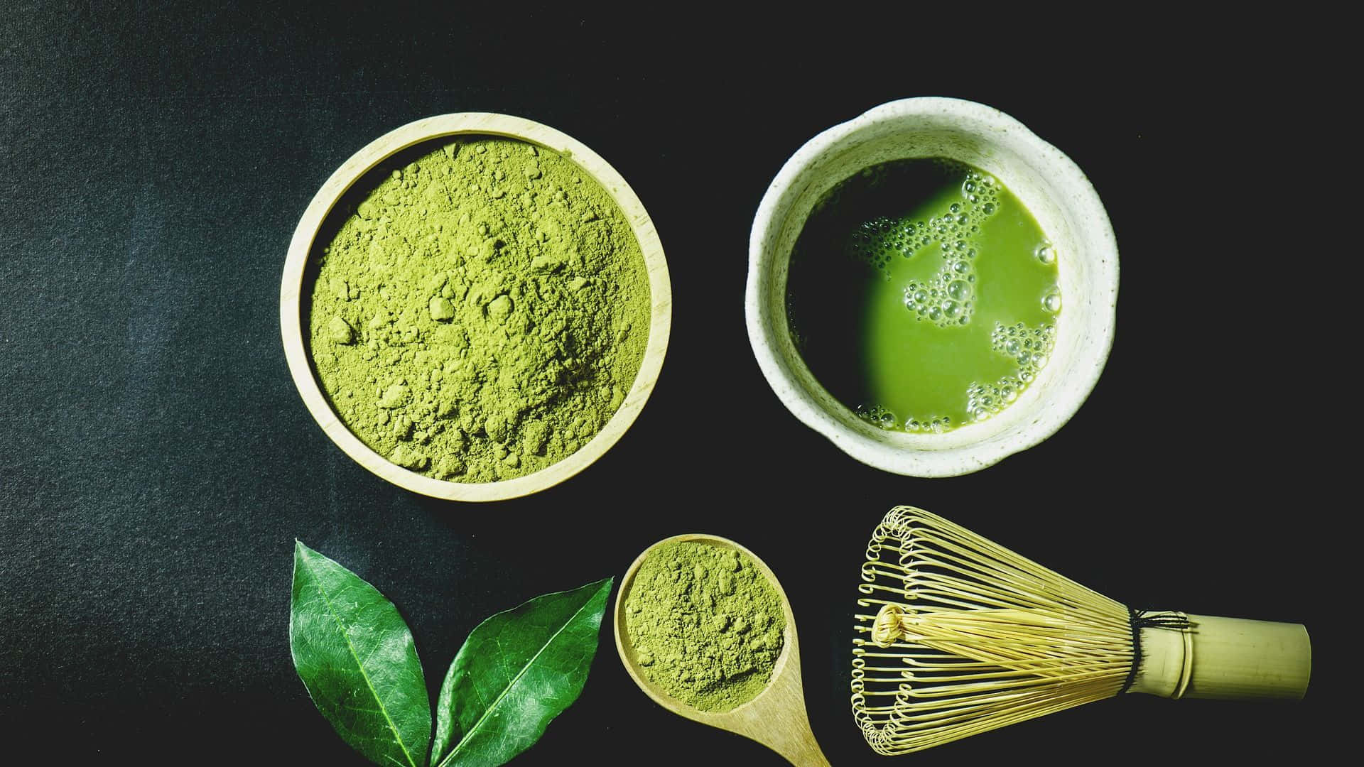 matcha powder, wooden bowl, cup of frothy matcha tea, Full HD Desktop Wallpaper