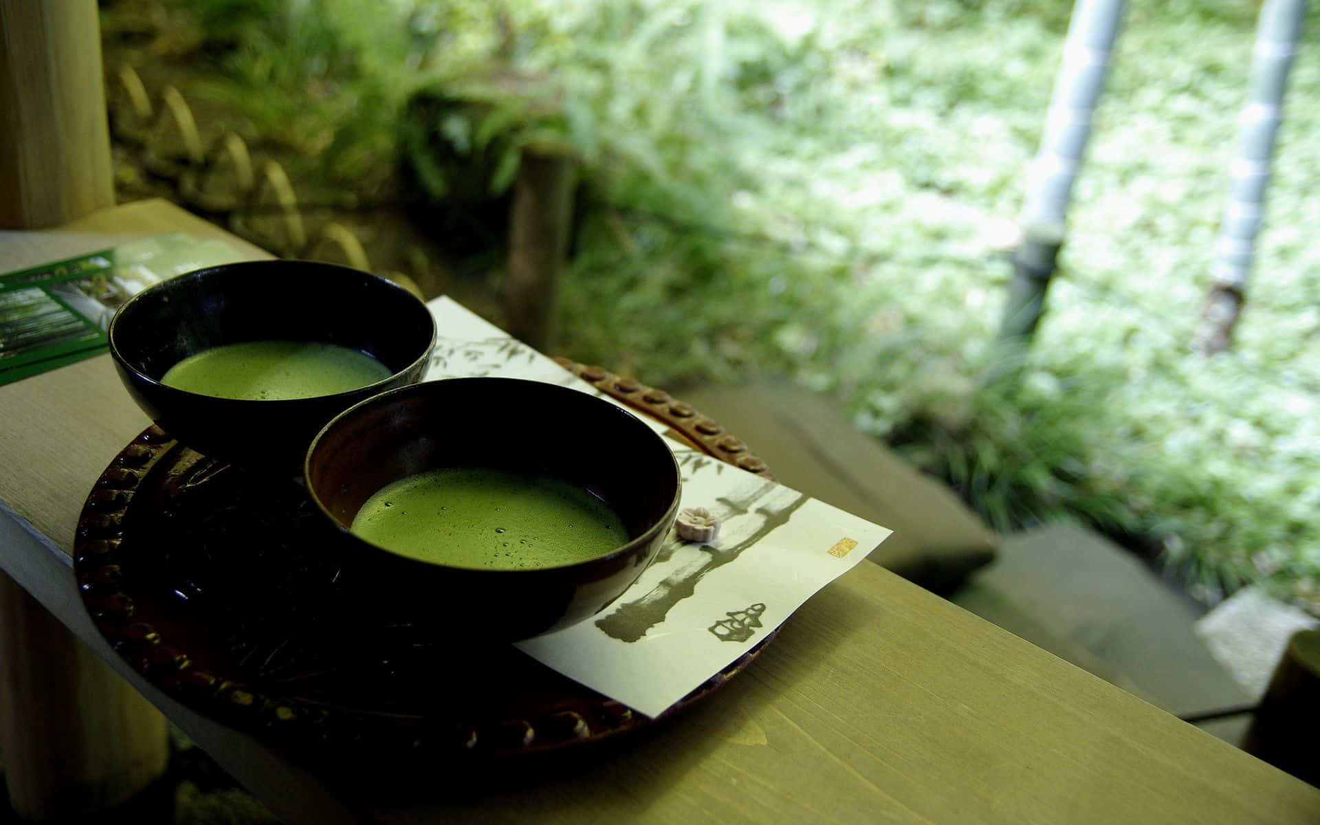 Matcha, vibrant green, wooden tray, Full HD Desktop Wallpaper