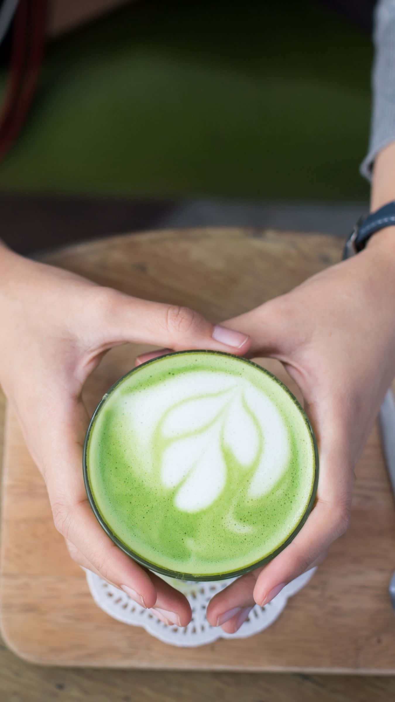 Matcha, vibrant green matcha latte, delicate white leaf design, Full HD Phone Wallpaper