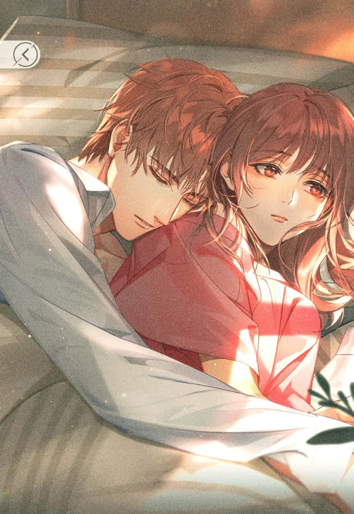 anime couple, bed, warm golden sunlight, SD Phone Wallpaper