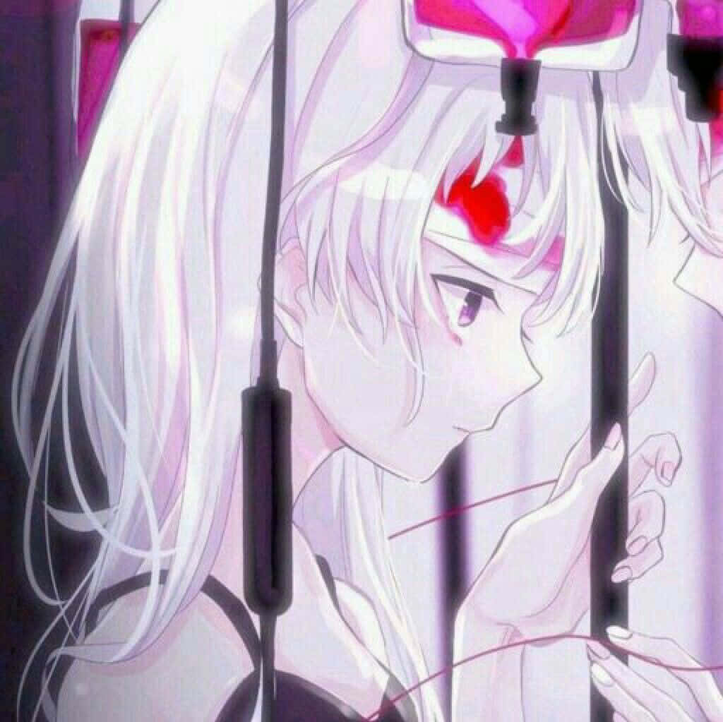 white anime girl, white hair, red markings, SD Desktop Wallpaper