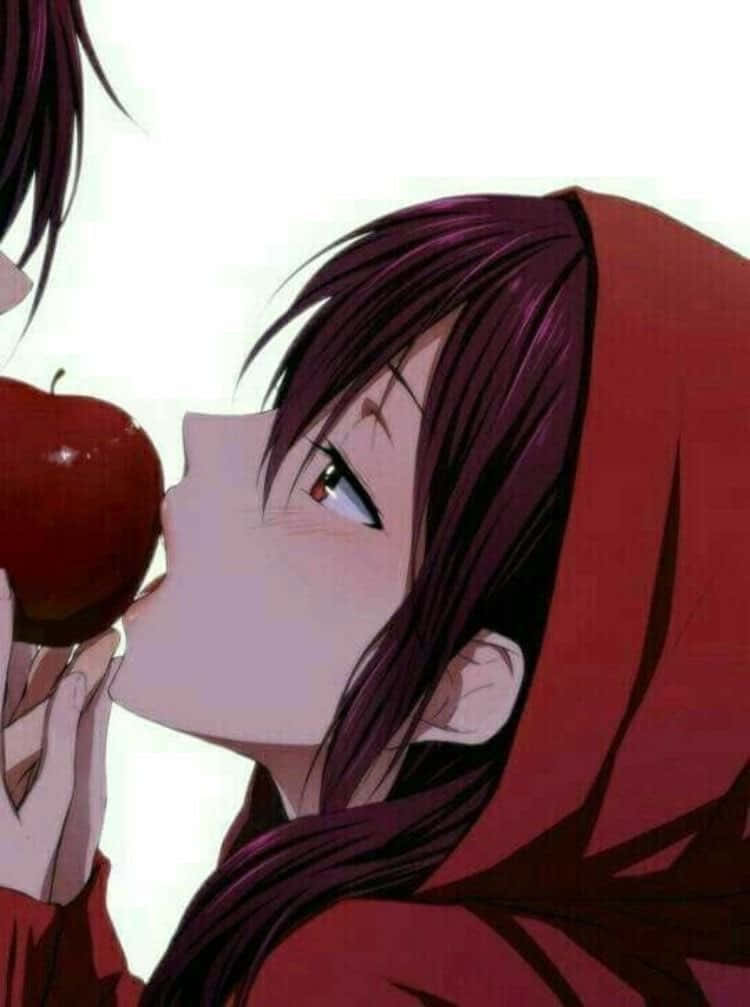 anime girl, red hood, shiny red apple, SD Phone Wallpaper