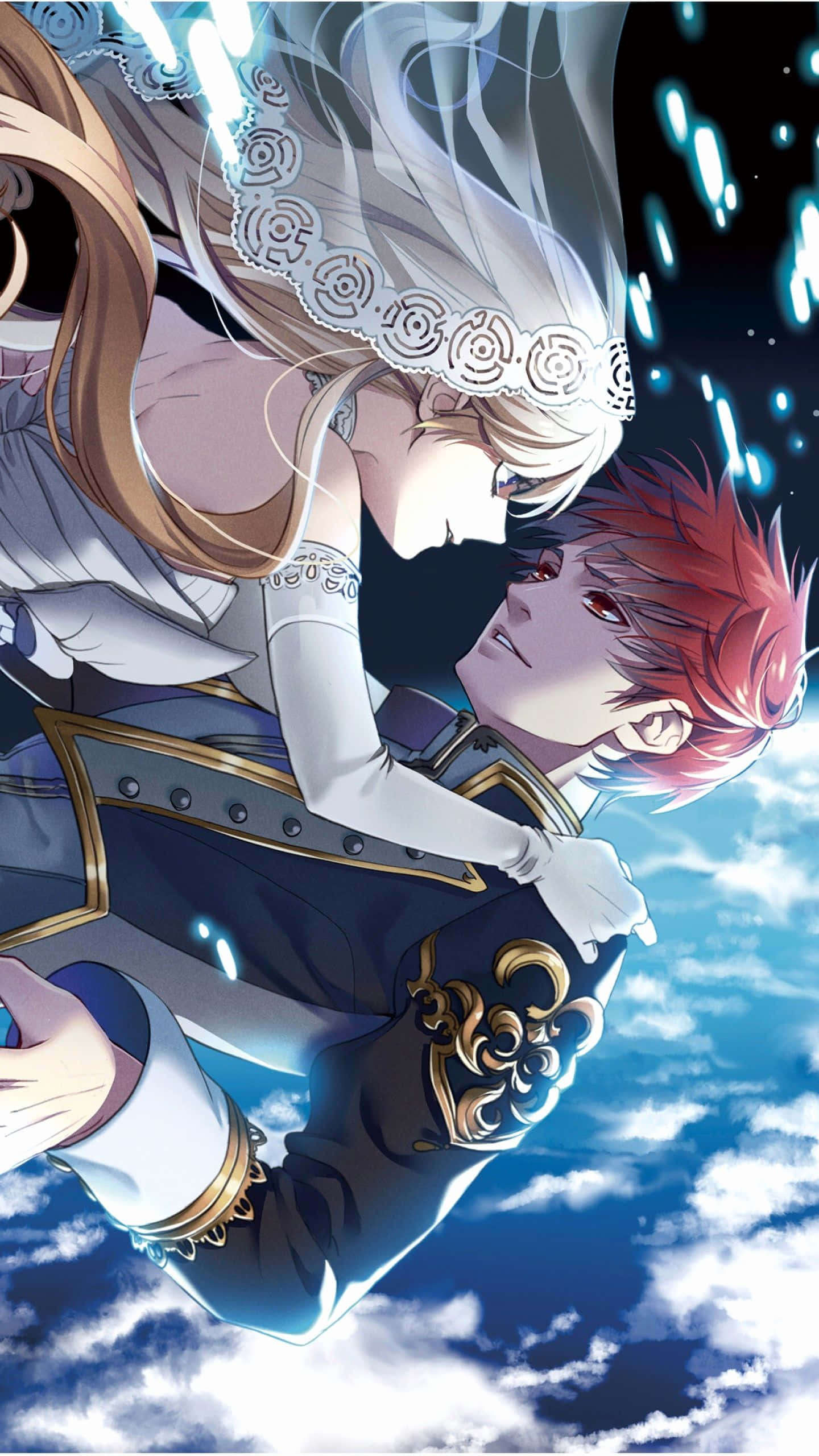 Bride And Groom Matching PFP Anime, starry sky, glowing blue particles, 2K Phone Wallpaper