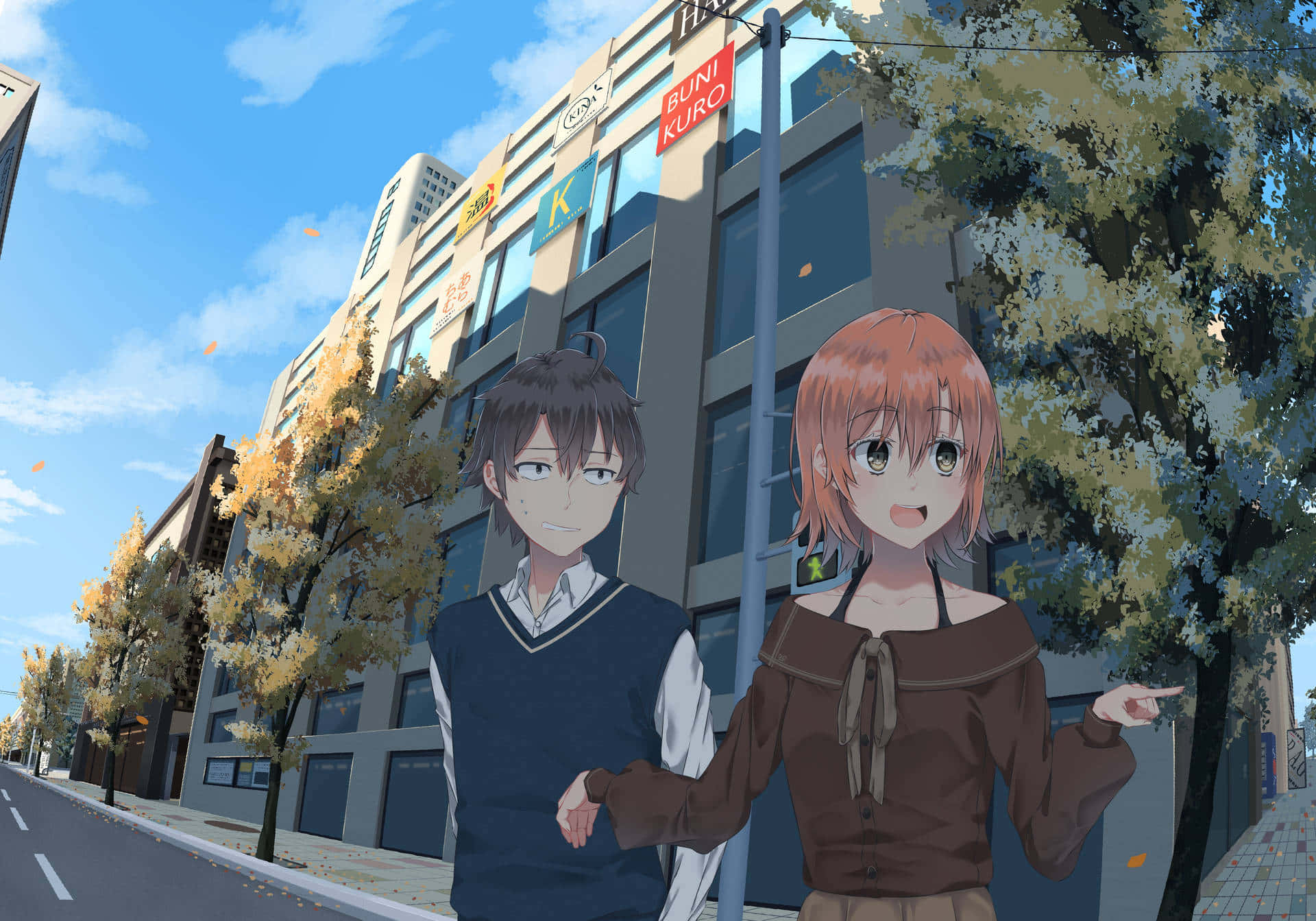 anime characters, tree-lined city street, bright blue sky, Full HD Desktop Wallpaper