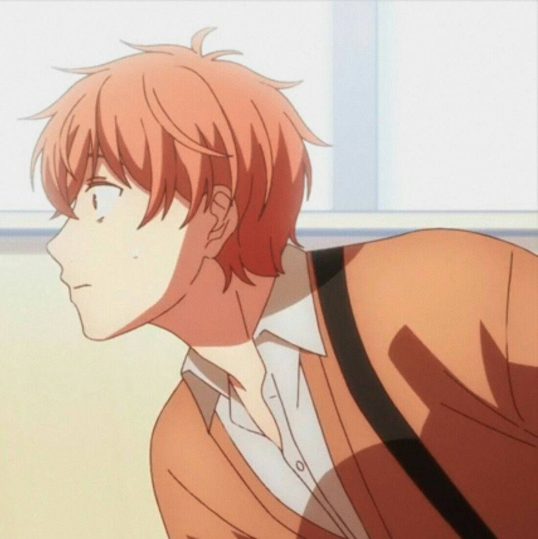anime boy, spiky orange hair, warm brown jacket, SD Phone Wallpaper