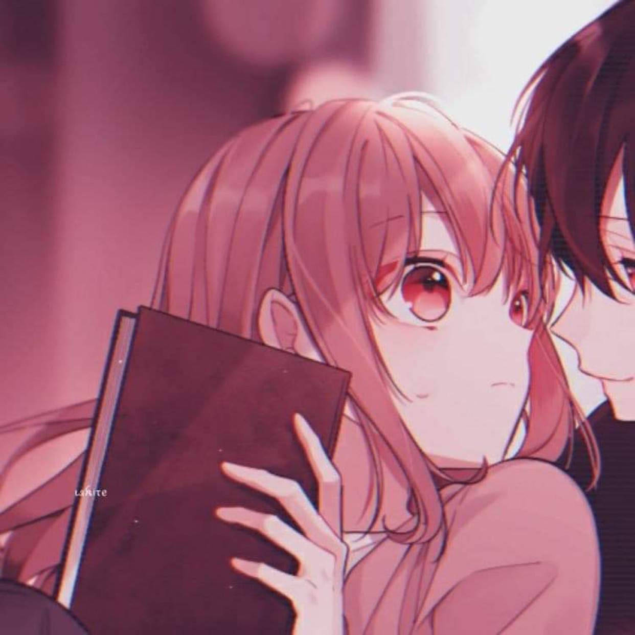 pink-haired anime girl, red eyes, dark-haired boy, SD Desktop Wallpaper
