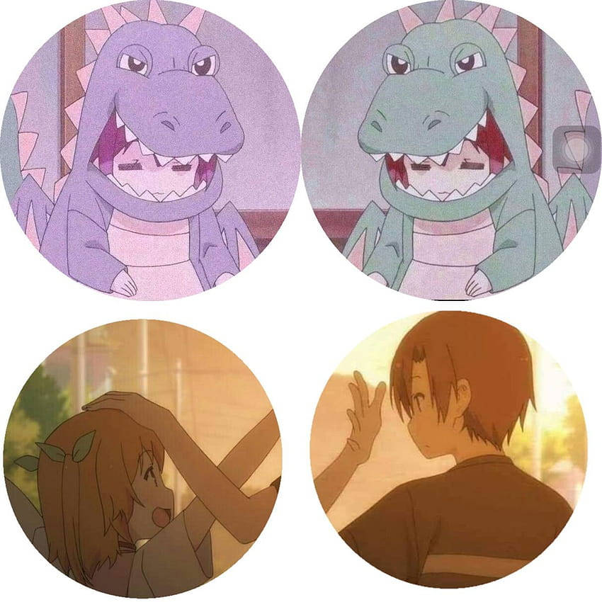 dinosaurs pair matching pfp for friends, anime-style panels, dinosaur-costumed characters, SD Desktop Wallpaper
