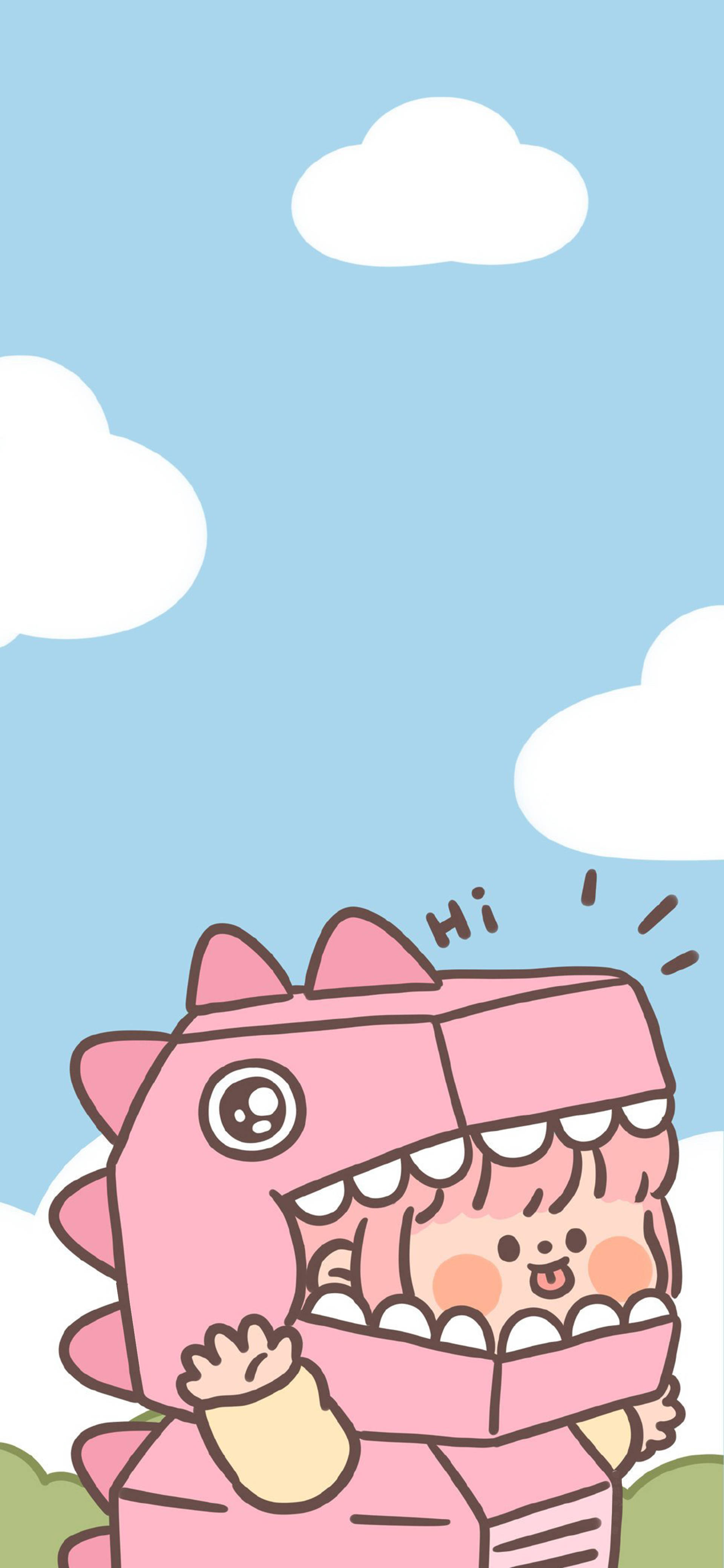 pink dinosaur costume, cartoon child, bright blue sky, 4K Phone Wallpaper